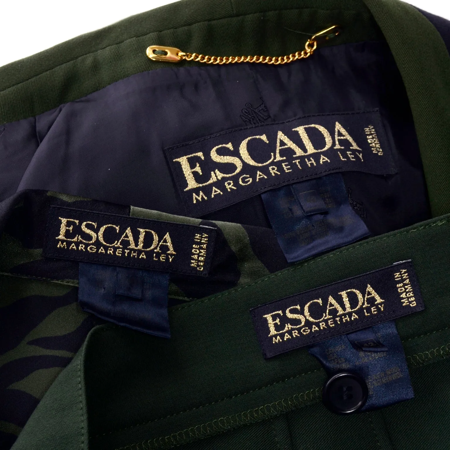 1980s Escada Navy Blue & Green Vintage Pantsuit & Animal Print Silk Blouse