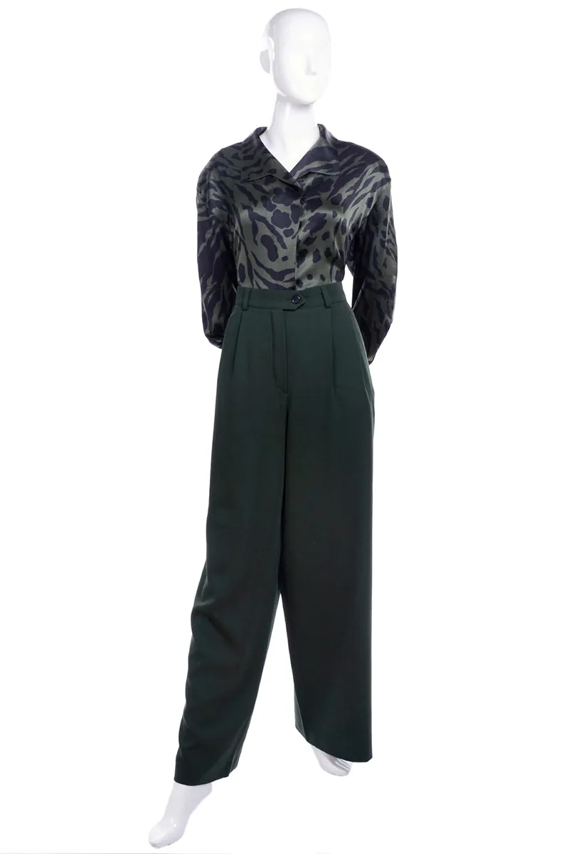 1980s Escada Navy Blue & Green Vintage Pantsuit & Animal Print Silk Blouse