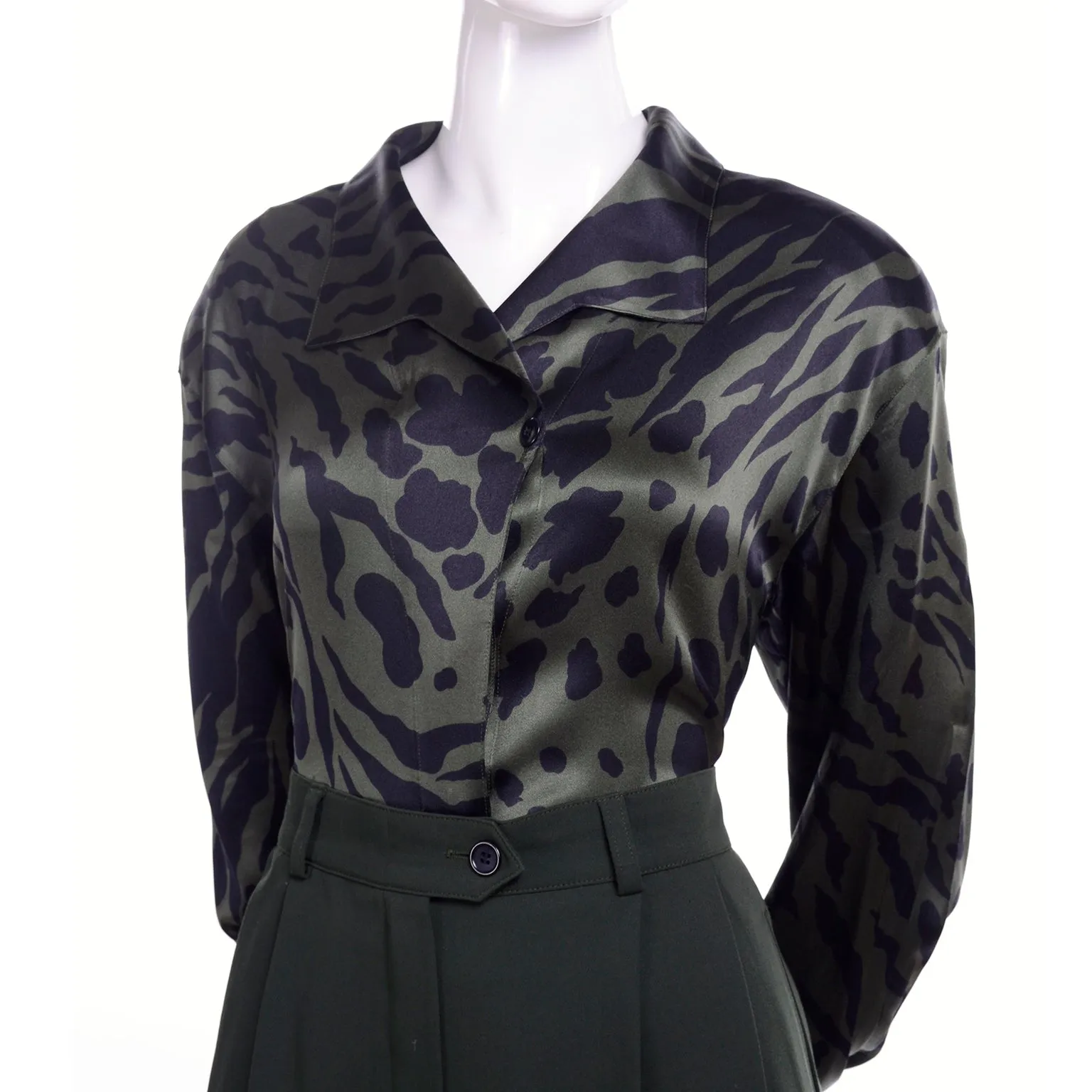 1980s Escada Navy Blue & Green Vintage Pantsuit & Animal Print Silk Blouse