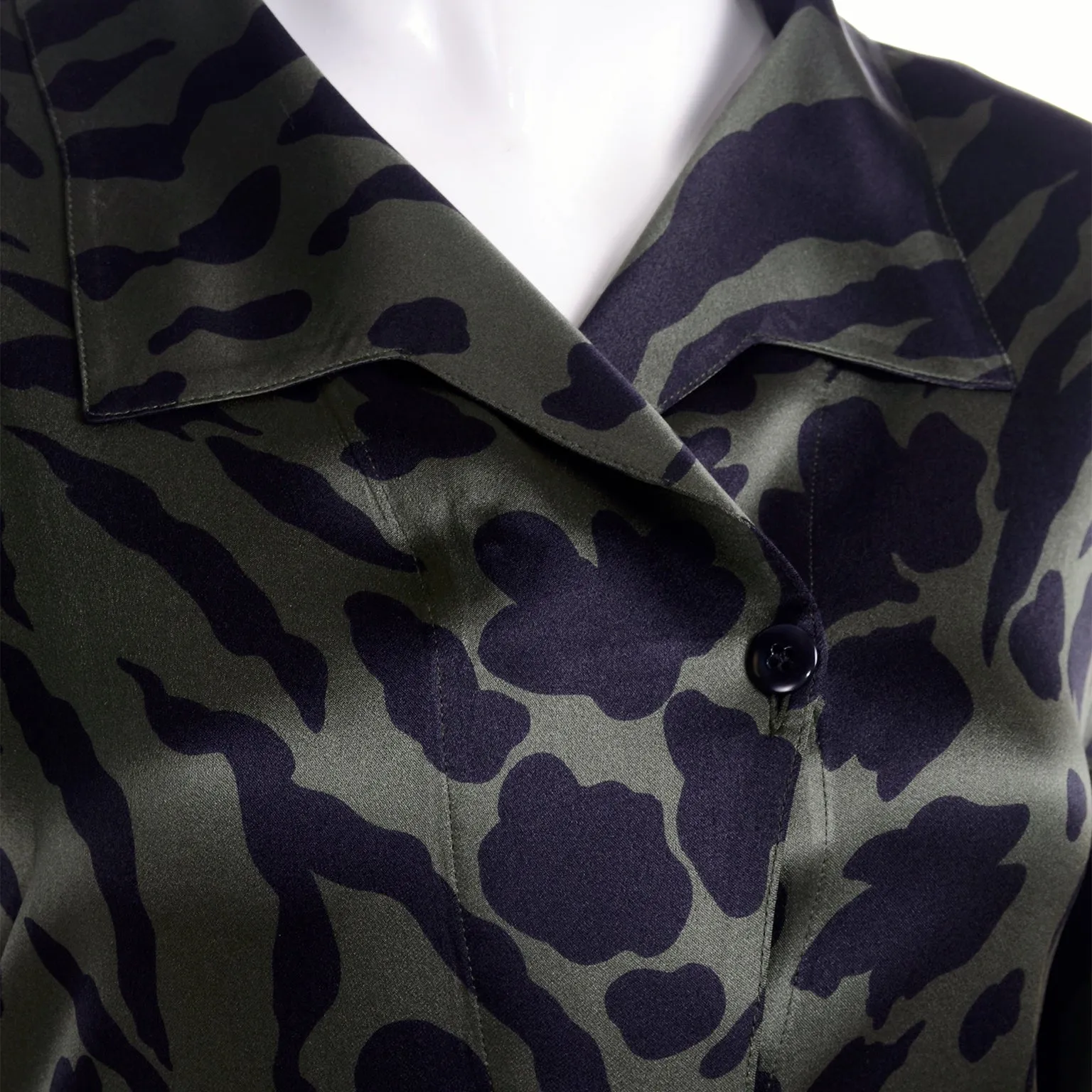 1980s Escada Navy Blue & Green Vintage Pantsuit & Animal Print Silk Blouse