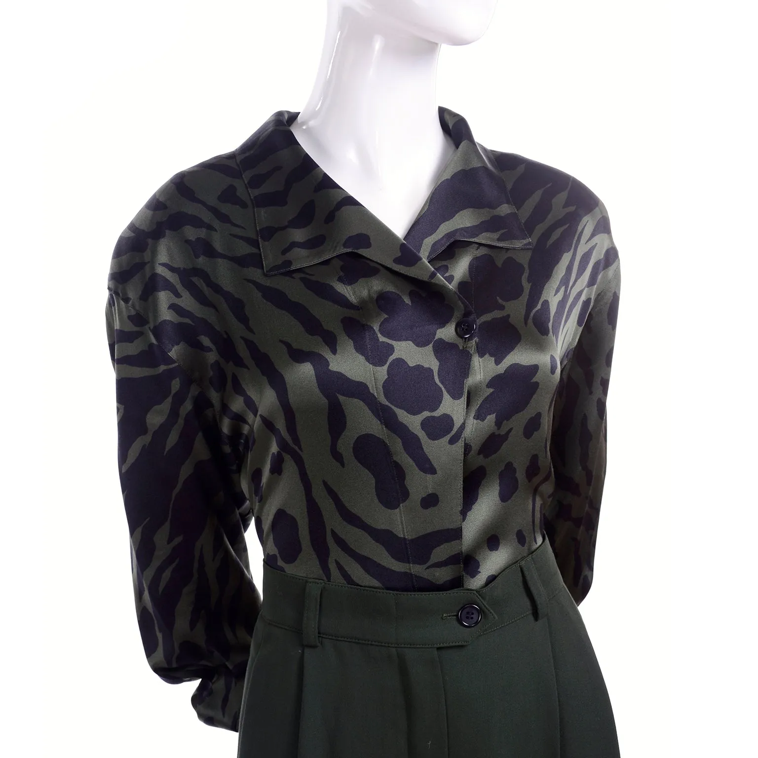 1980s Escada Navy Blue & Green Vintage Pantsuit & Animal Print Silk Blouse