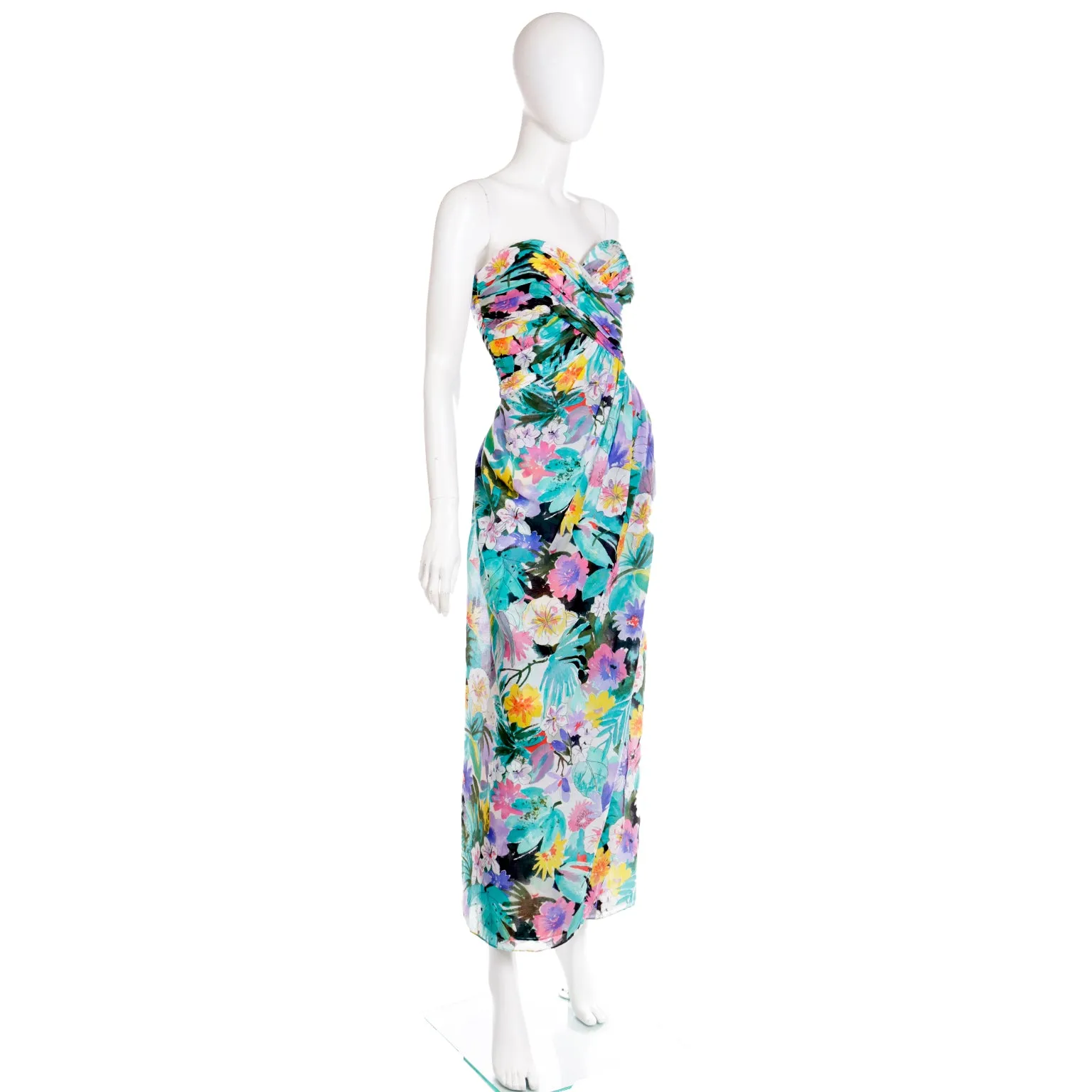 1980s Victor Costa Floral Strapless Evening Dress w Wrap Scarf