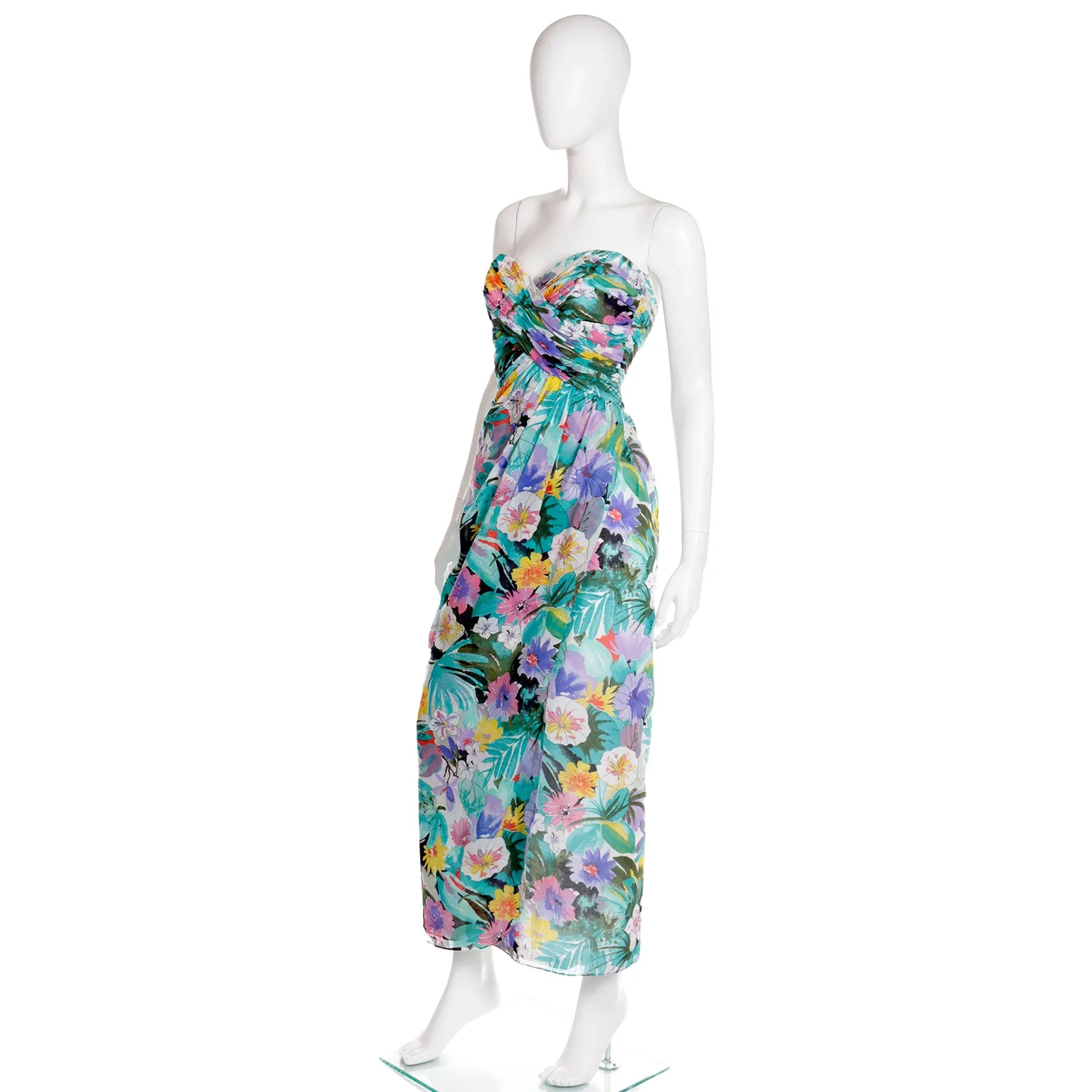 1980s Victor Costa Floral Strapless Evening Dress w Wrap Scarf