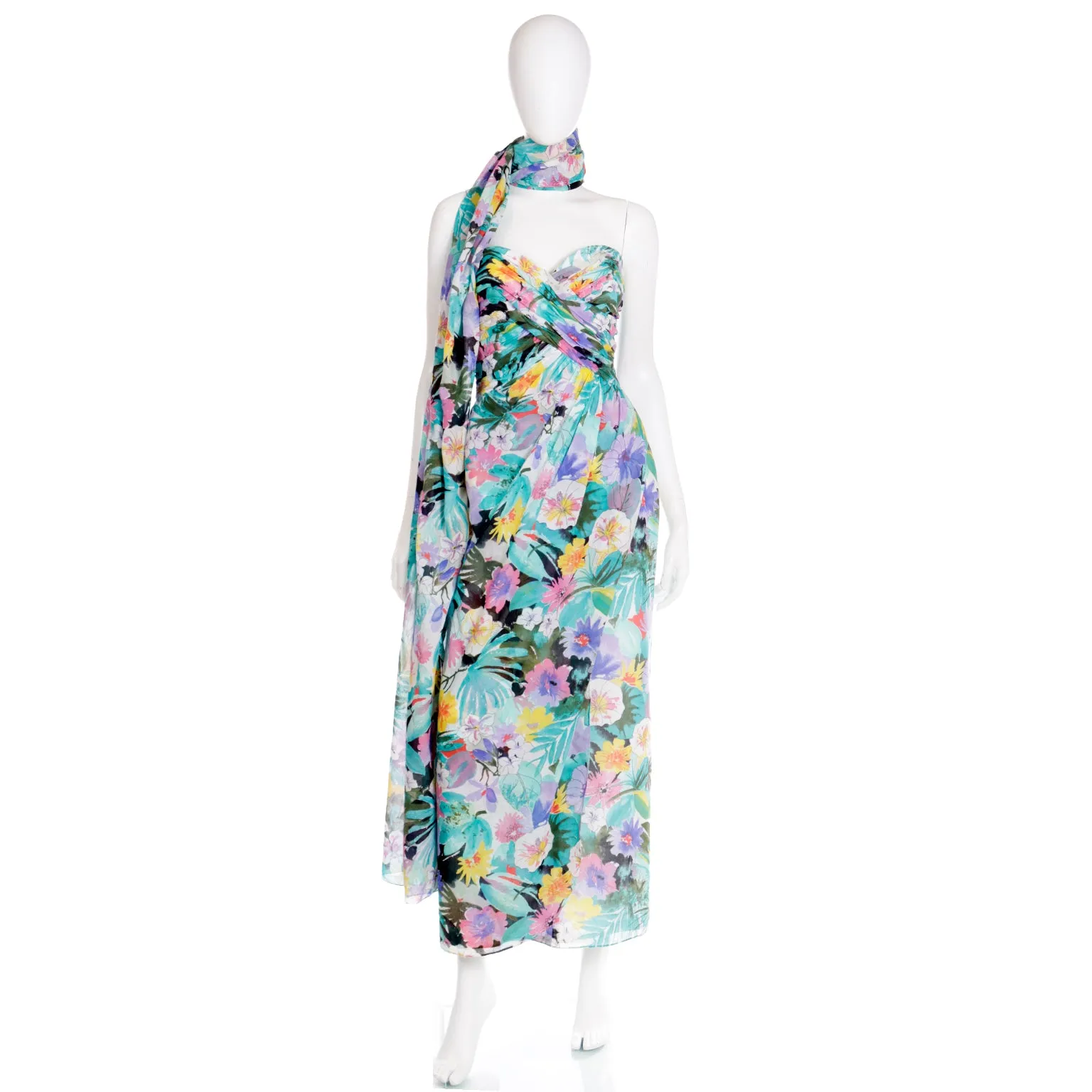 1980s Victor Costa Floral Strapless Evening Dress w Wrap Scarf