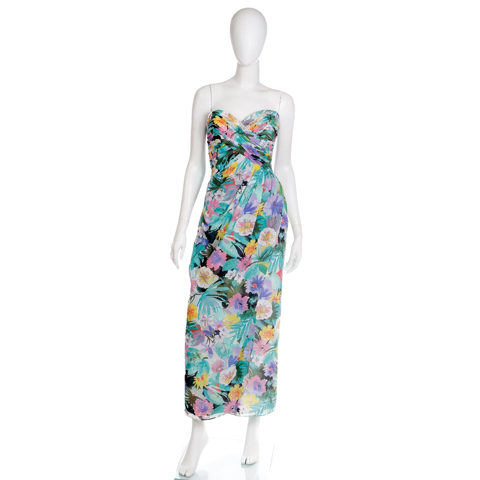 1980s Victor Costa Floral Strapless Evening Dress w Wrap Scarf