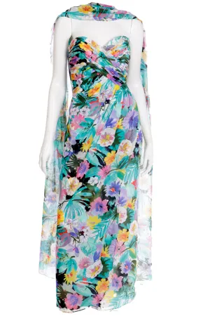 1980s Victor Costa Floral Strapless Evening Dress w Wrap Scarf