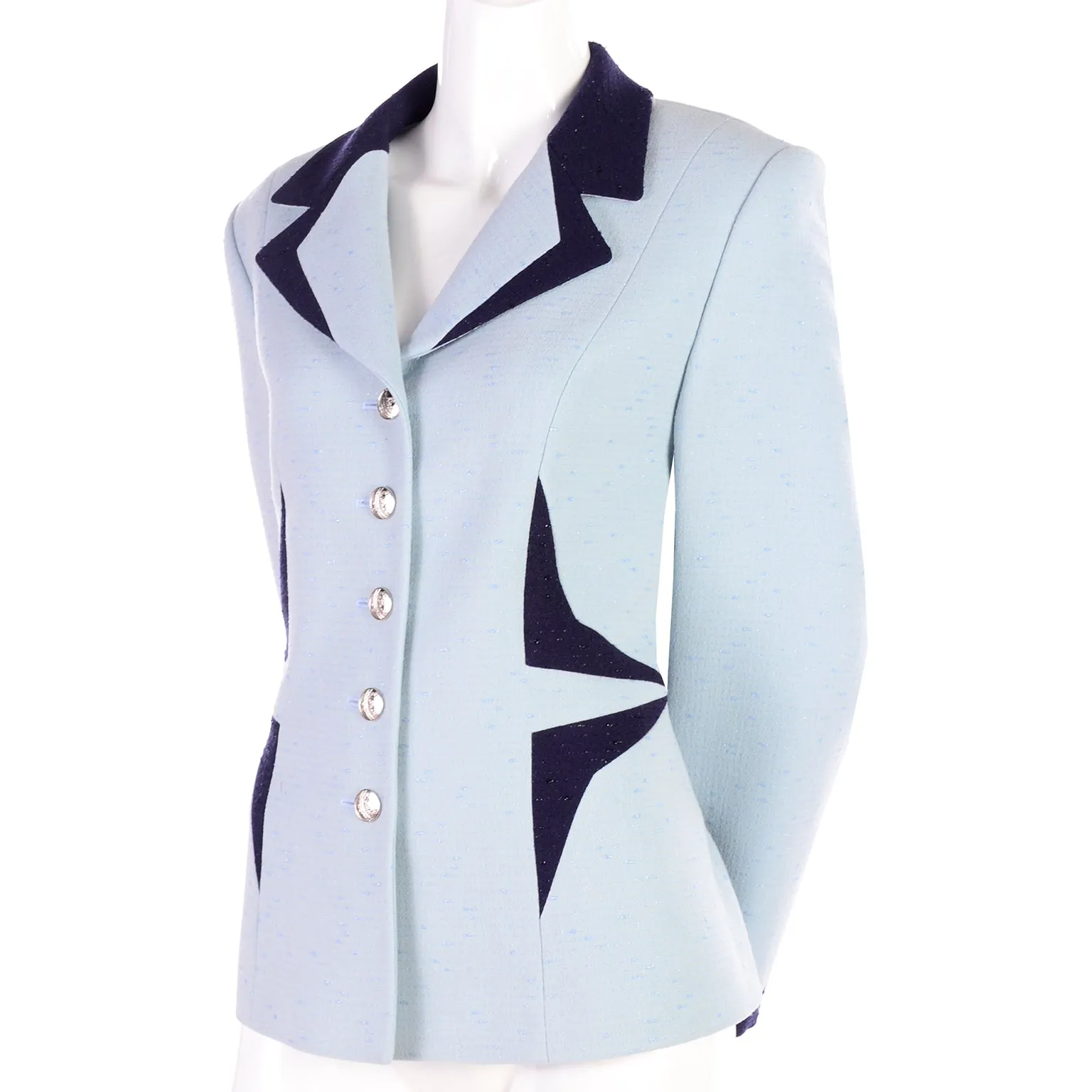 1990s Escada Margaretha Ley Blue Blazer W Avant Garde Geometric Design