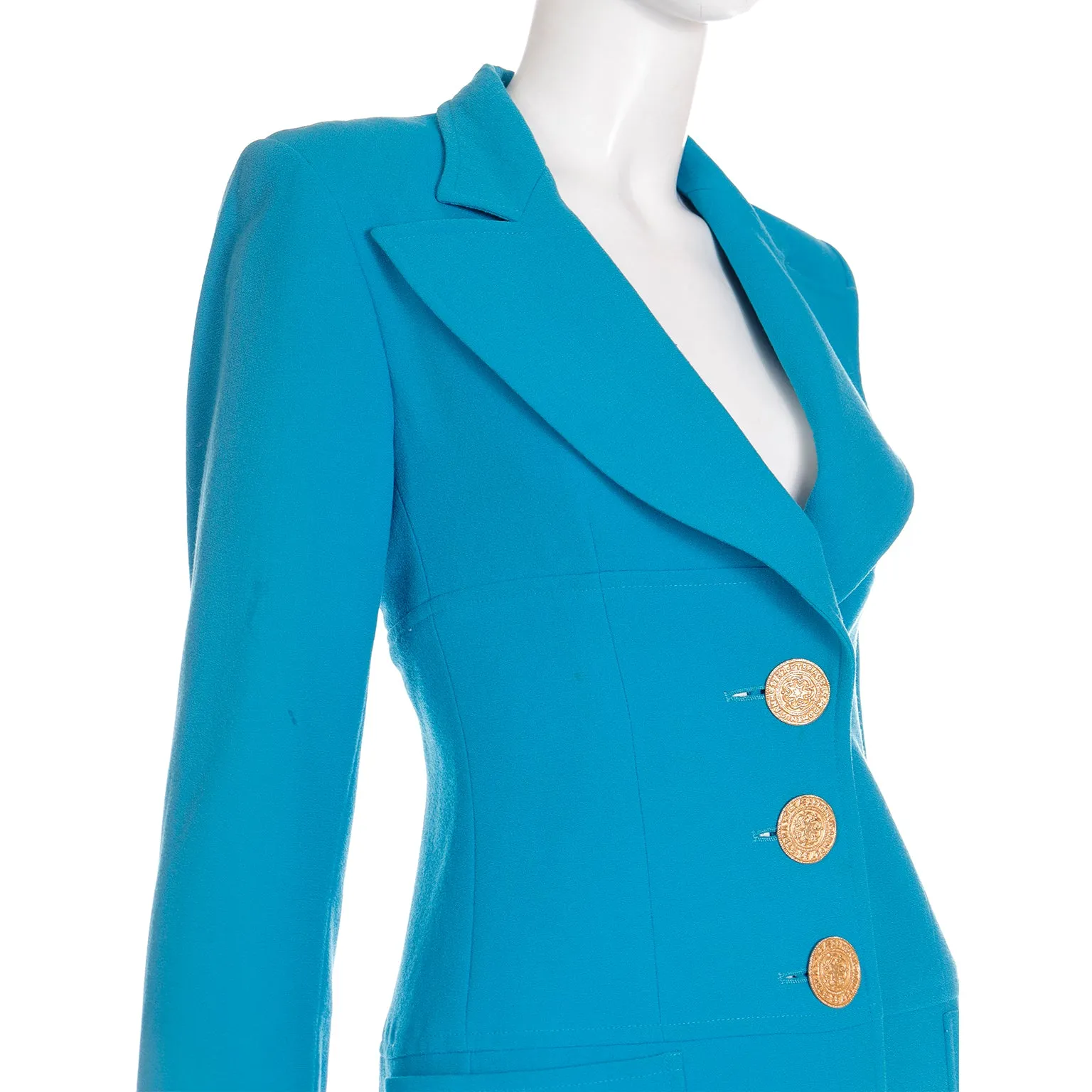 1995 Christian Lacroix Paris Peacock Blue Wool Jacket with Gold Buttons