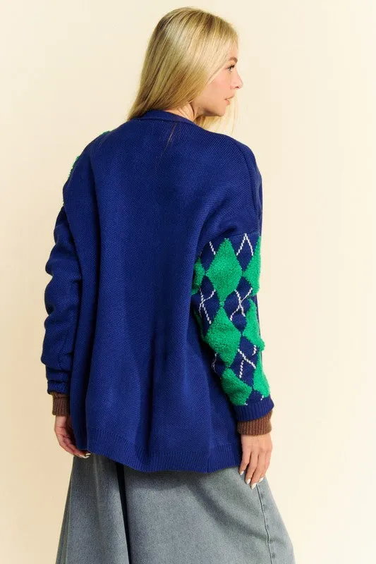 Argyle V-Neck Dropped Shoulder Cardigan