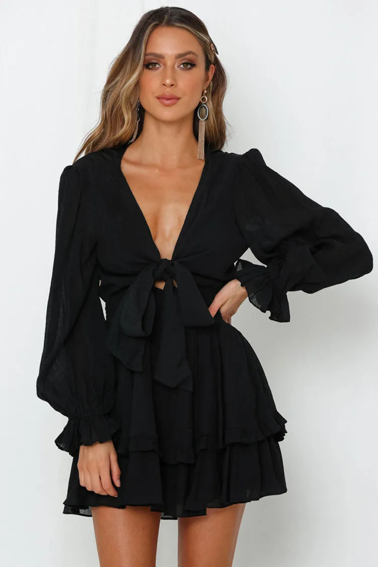 Balloon Sleeve Ruffle Bow Tie V Neck Chiffon Mini Dress - Black