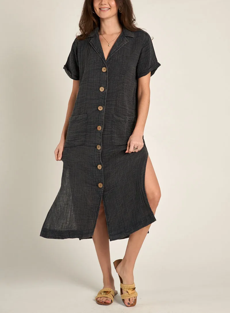 Beachy & Breezy Button Down Dress in Washed Black