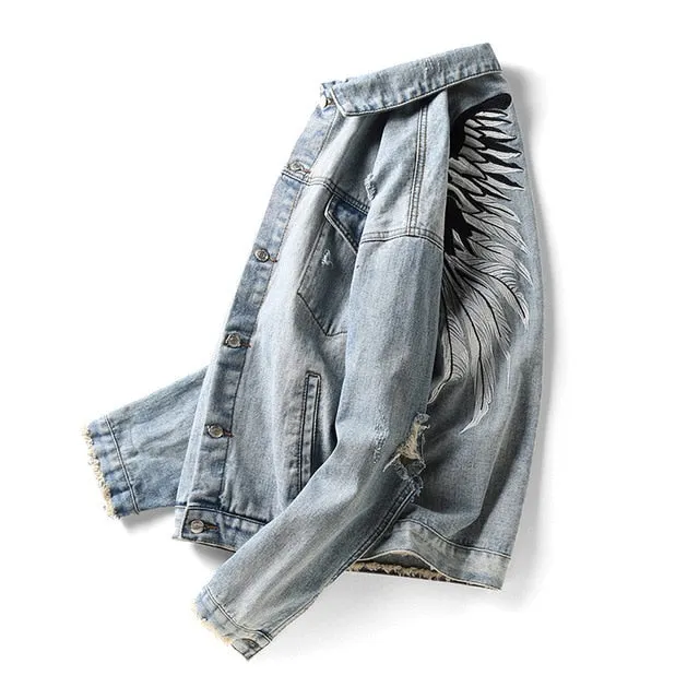 Black Hole Distressed Denim Jackets Mens High Street Wing Streetwear