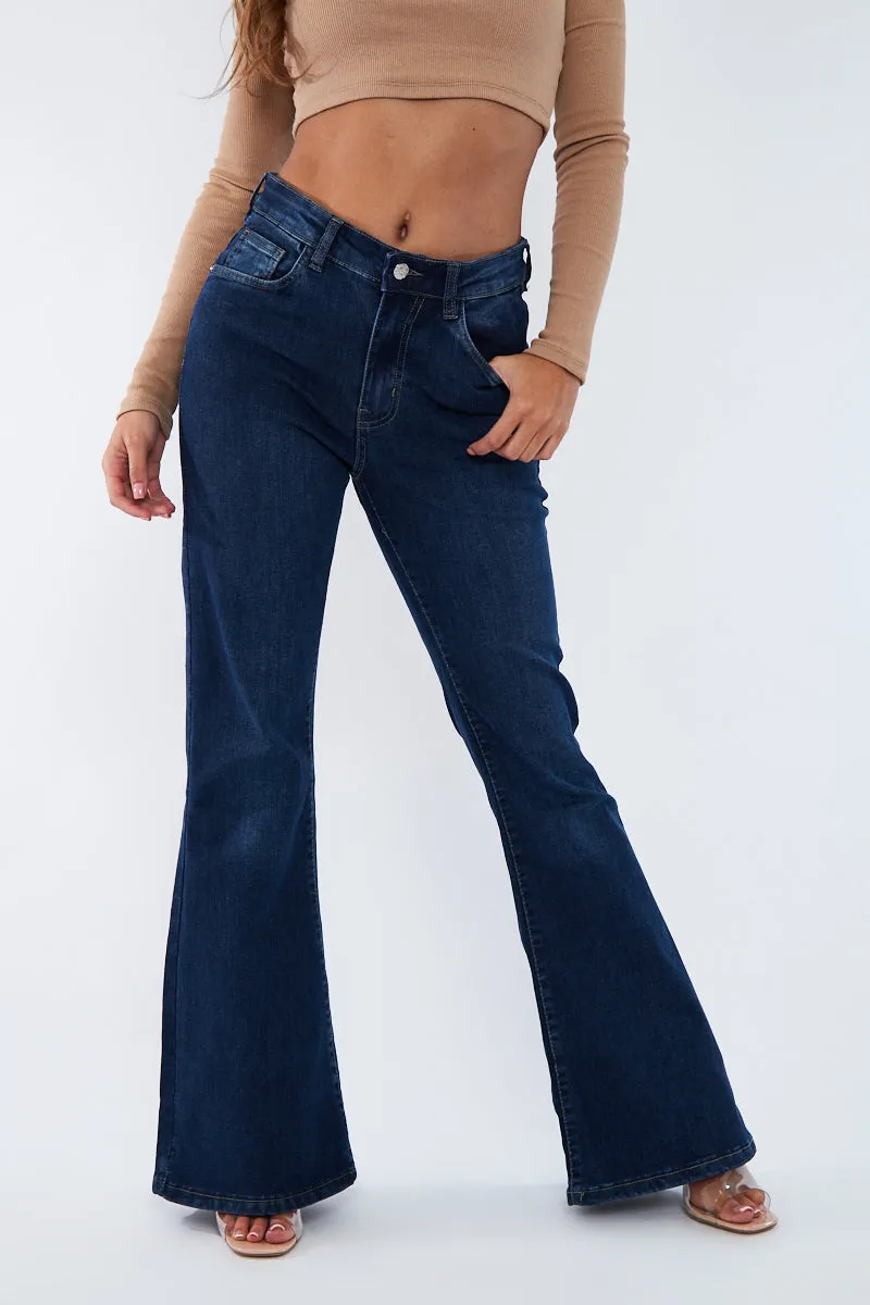 Blue Denim High Rise Flare Jeans - Rosa