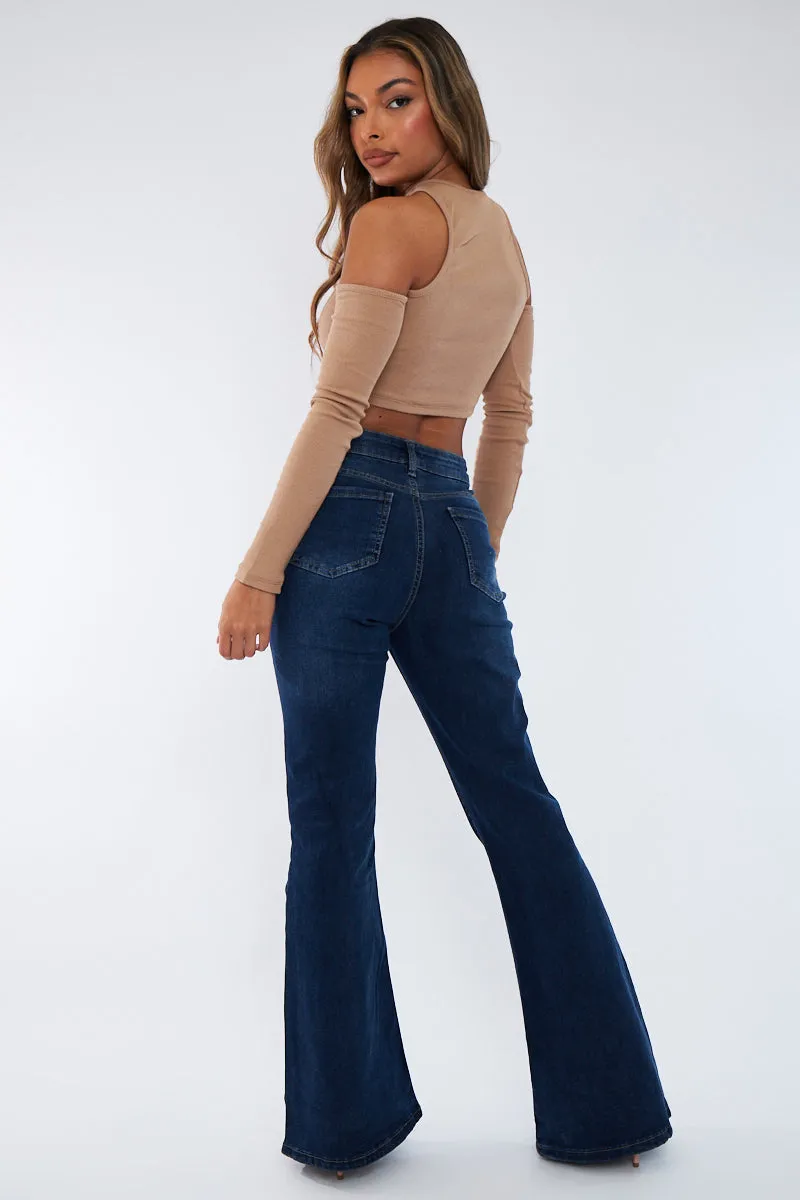 Blue Denim High Rise Flare Jeans - Rosa