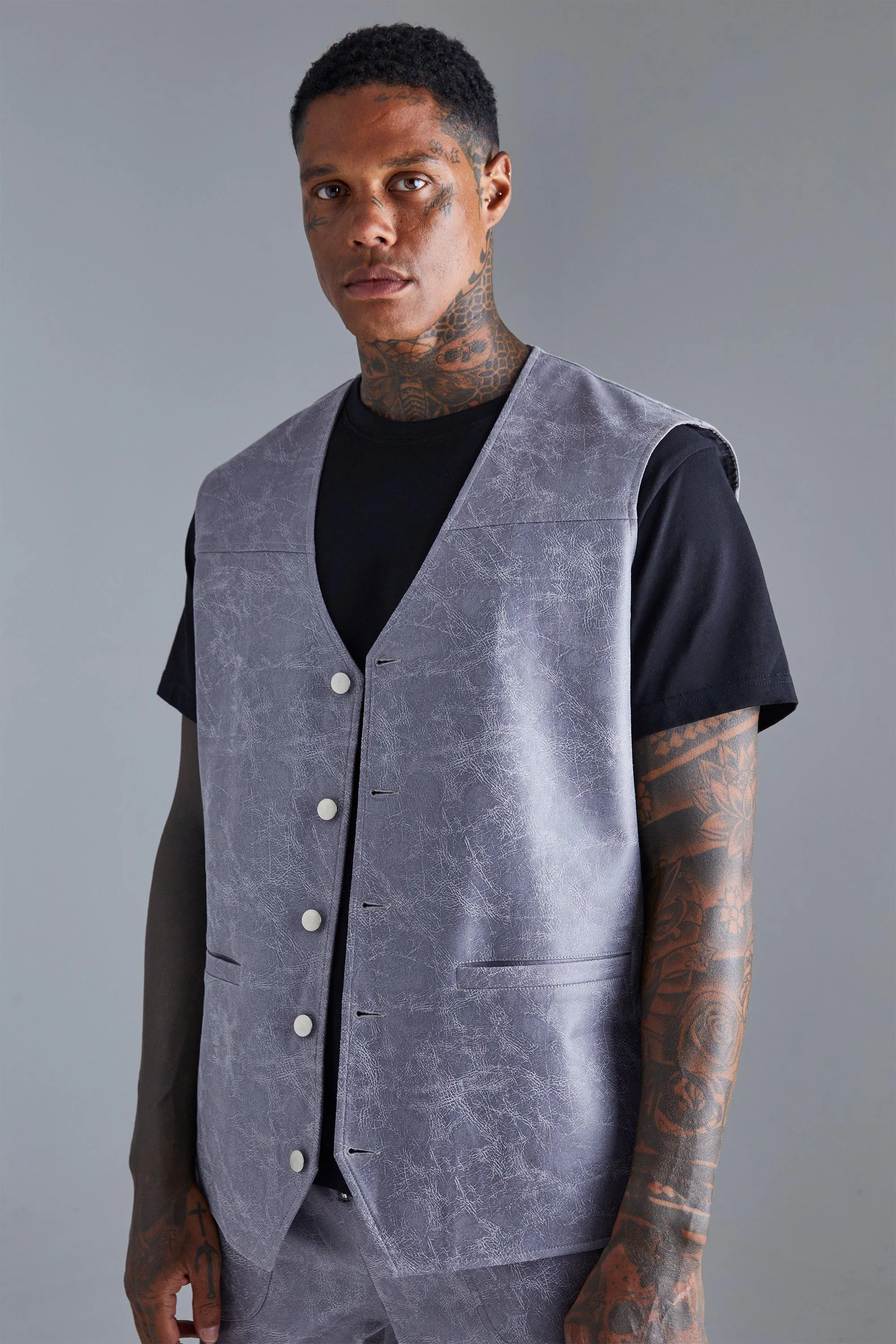 Boohoo Vintage Oversized PU Vest, Charcoal