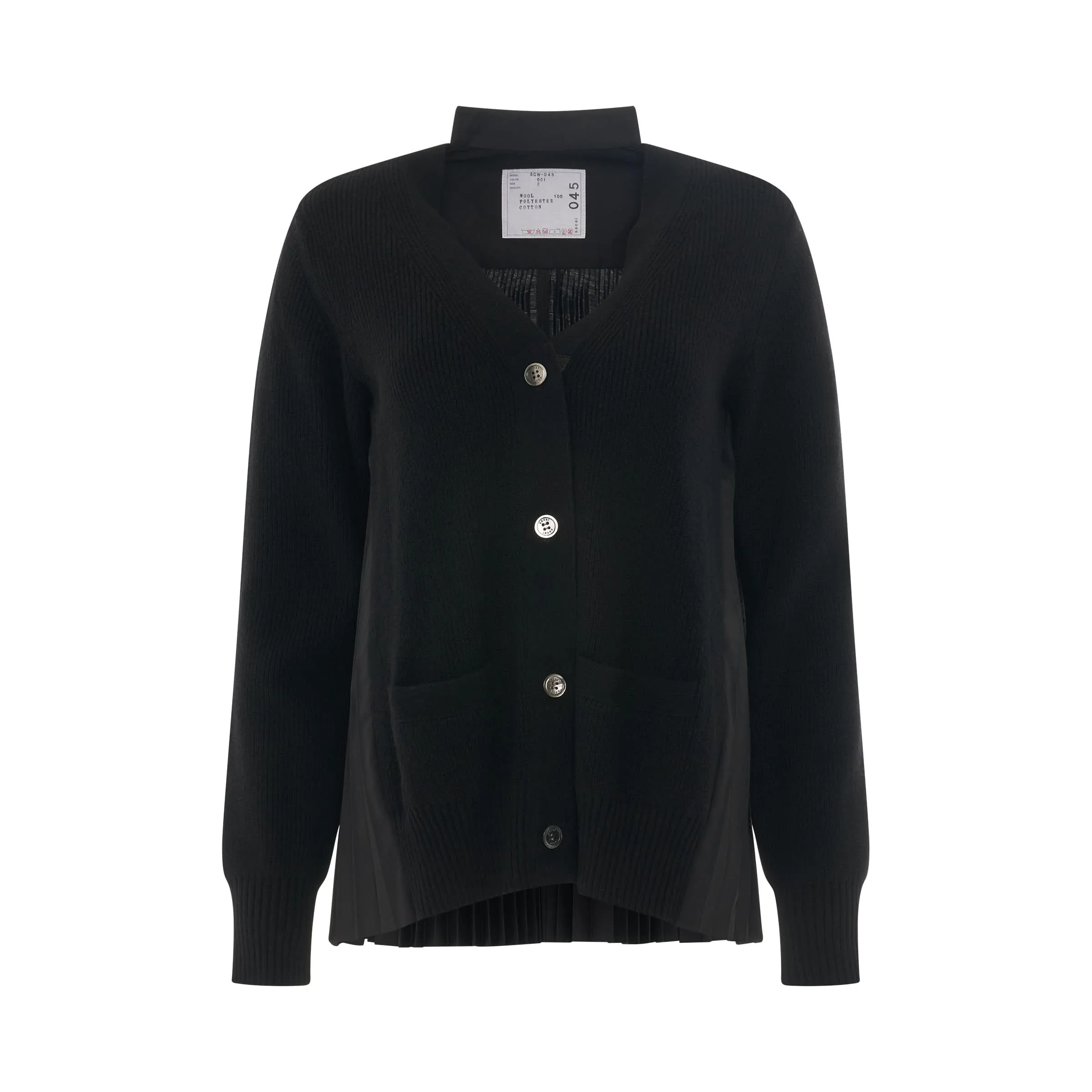 Classic Shirt Panel Wool Cardigan in Black