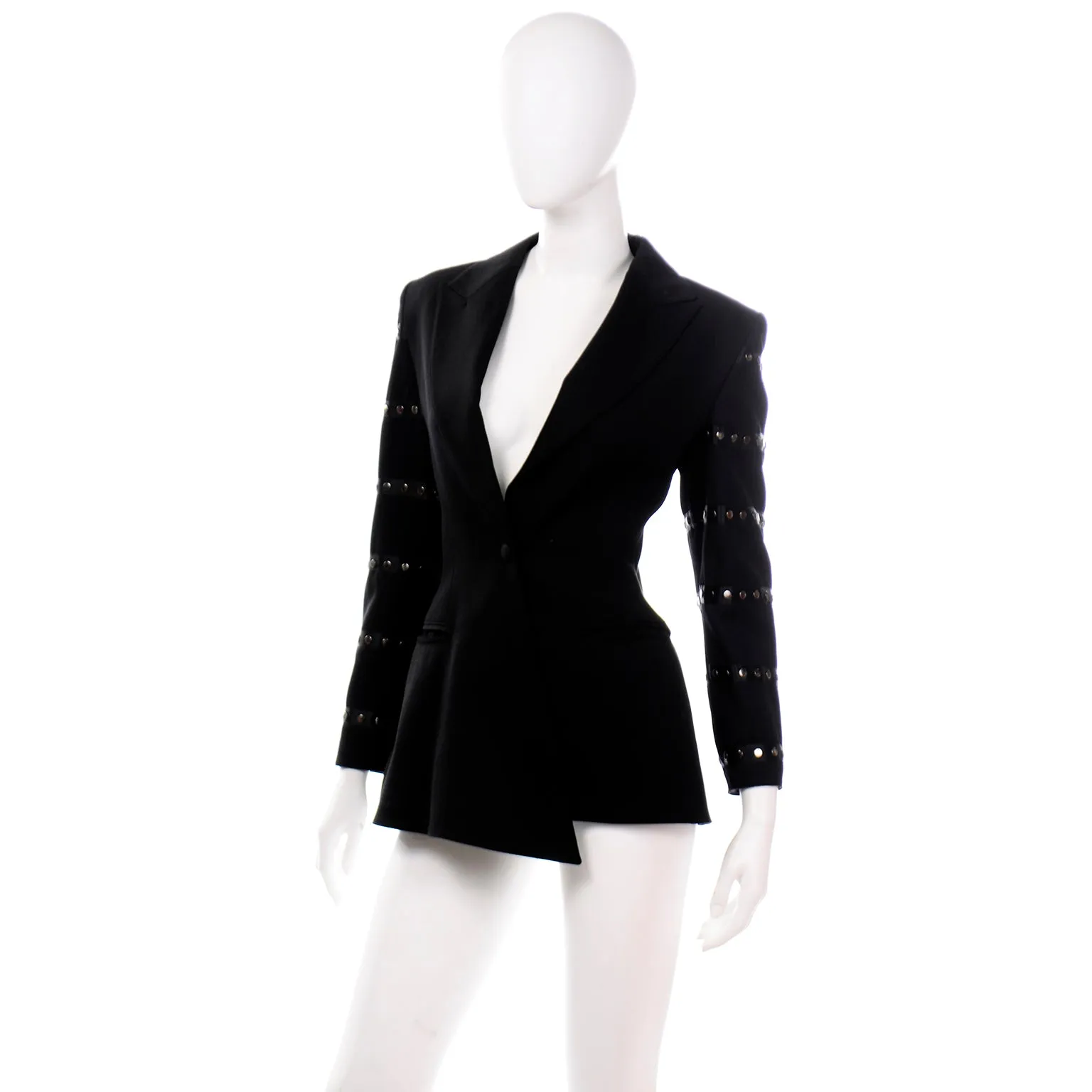 Claude Montana Avant Garde Black Blazer Jacket W Asymmetrical Hem & Studs