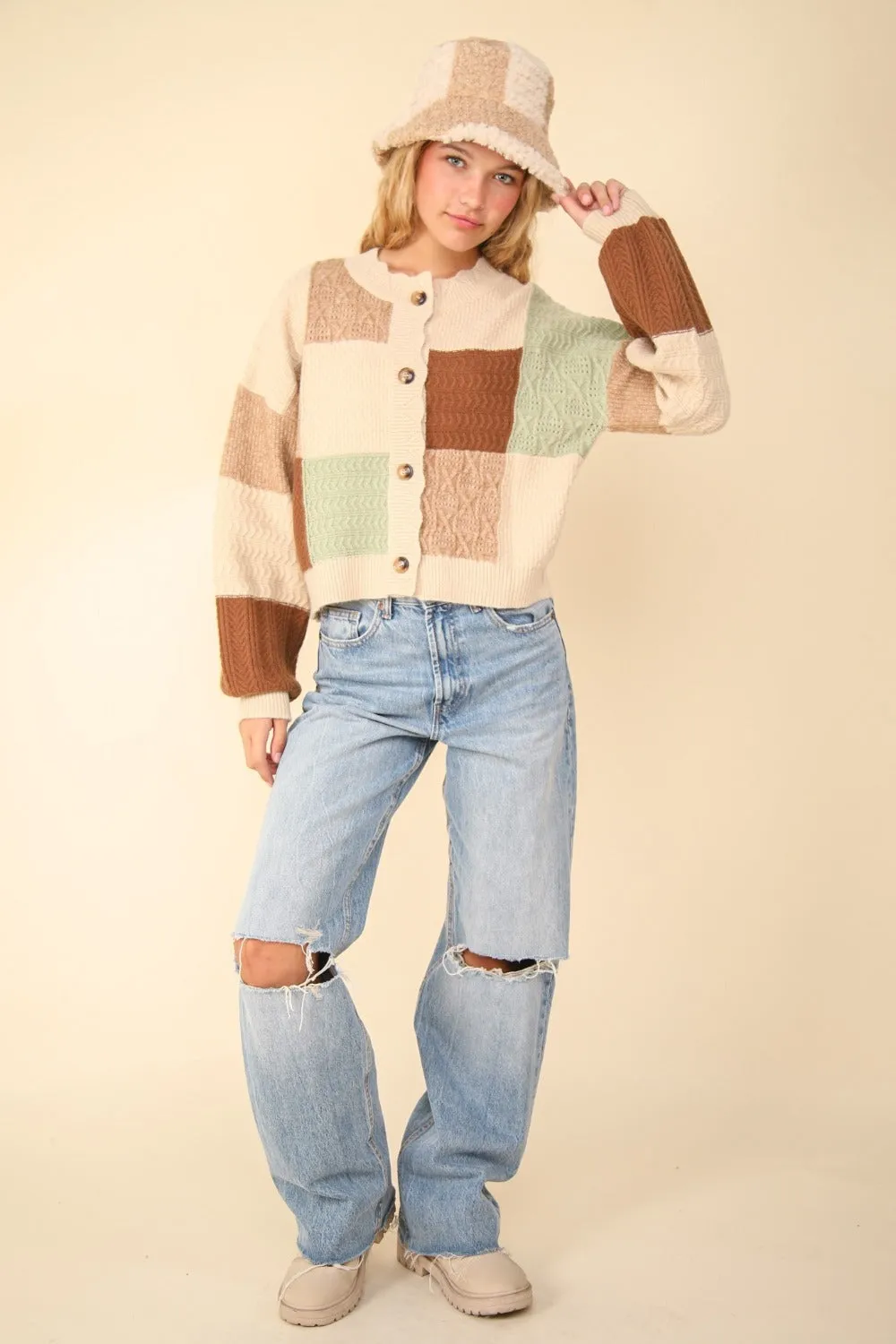 Color Block Button Down Textured Sweater Cardigan