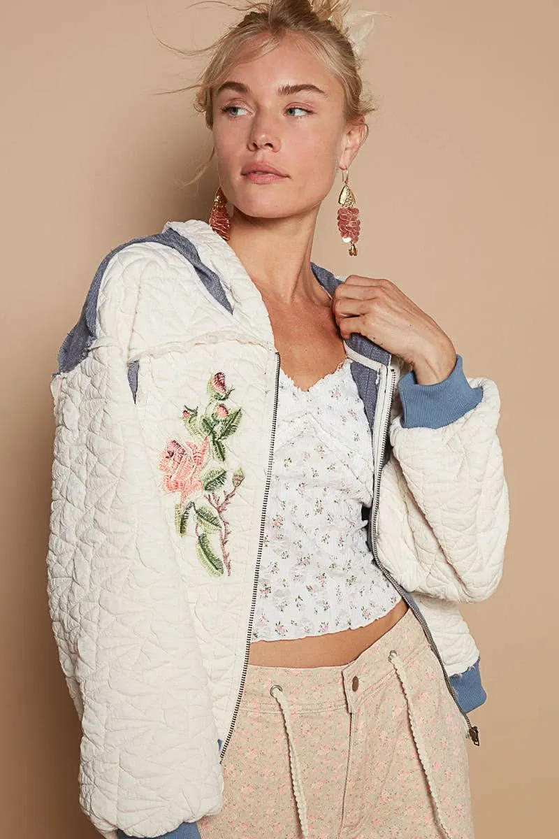 Cream   Navy Long Sleeve Quilting Embroidery Hoodie Jacket