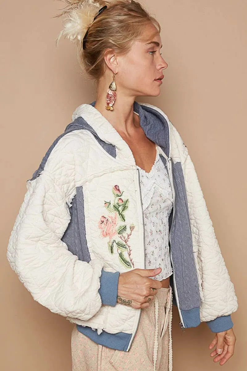 Cream   Navy Long Sleeve Quilting Embroidery Hoodie Jacket