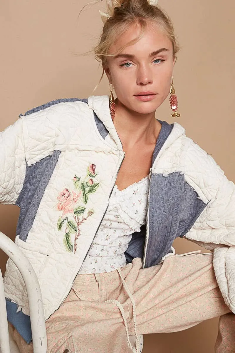 Cream   Navy Long Sleeve Quilting Embroidery Hoodie Jacket