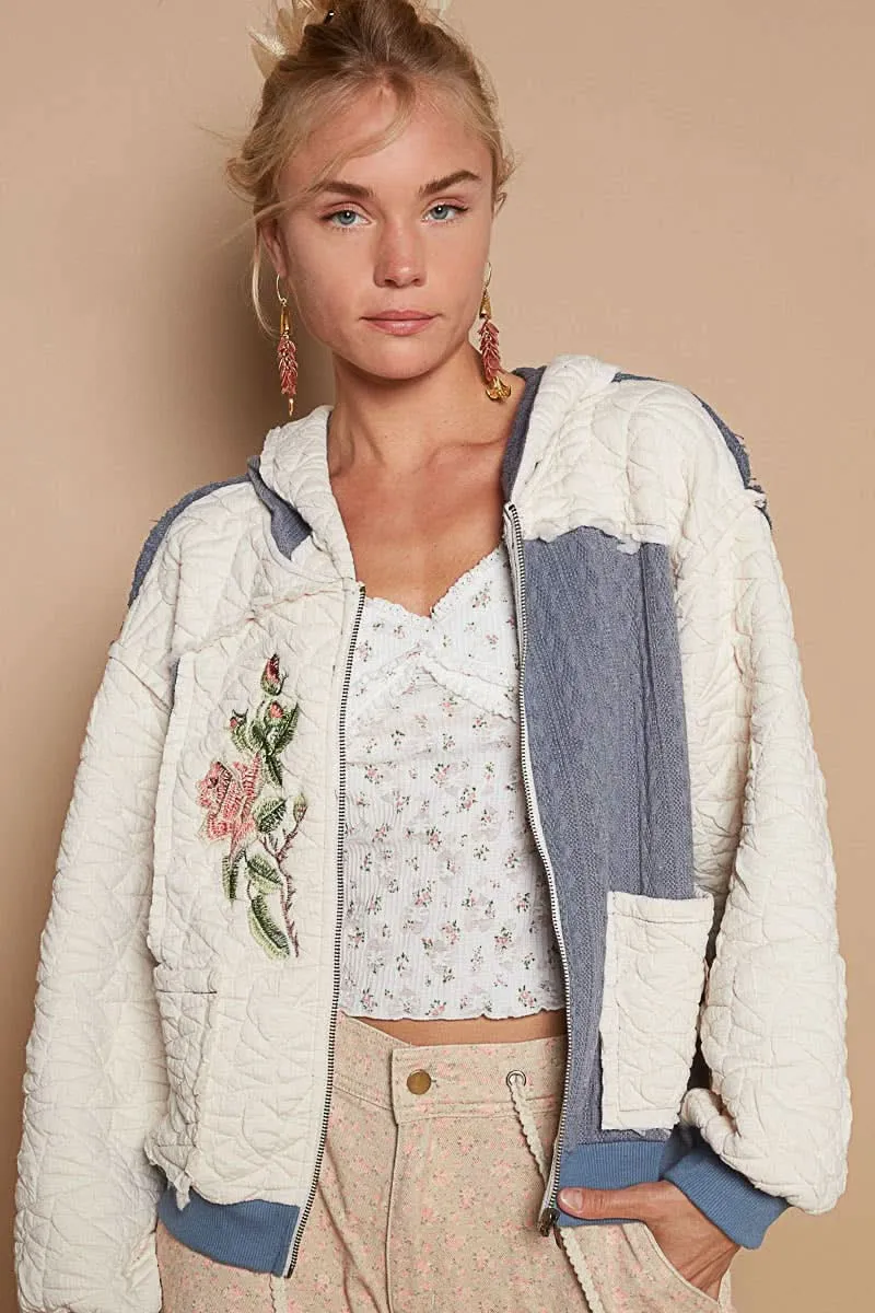 Cream   Navy Long Sleeve Quilting Embroidery Hoodie Jacket