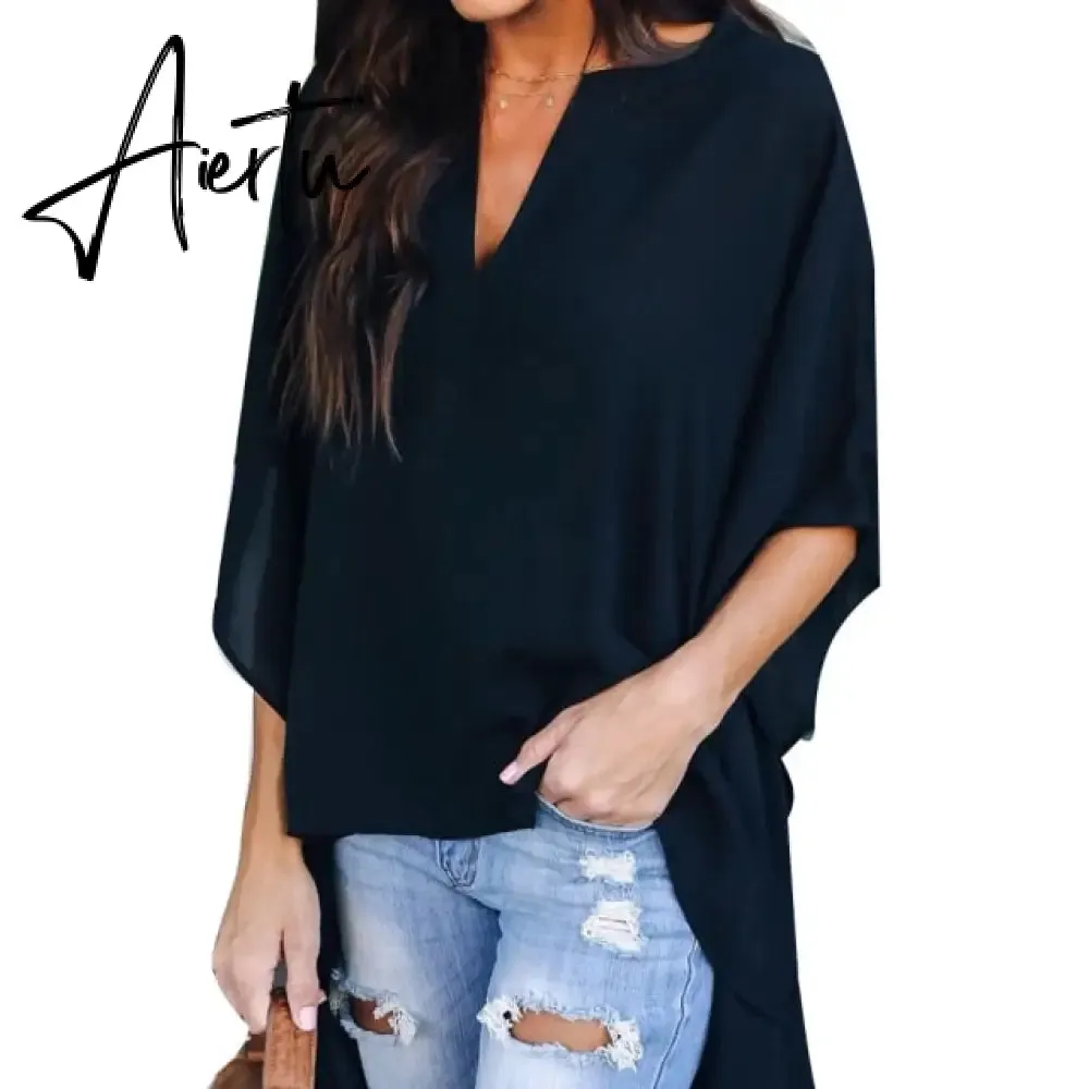 Fashion Casual Women Irregular V-Neck Blouse Half Flare Sleeve Loose Shirt Top