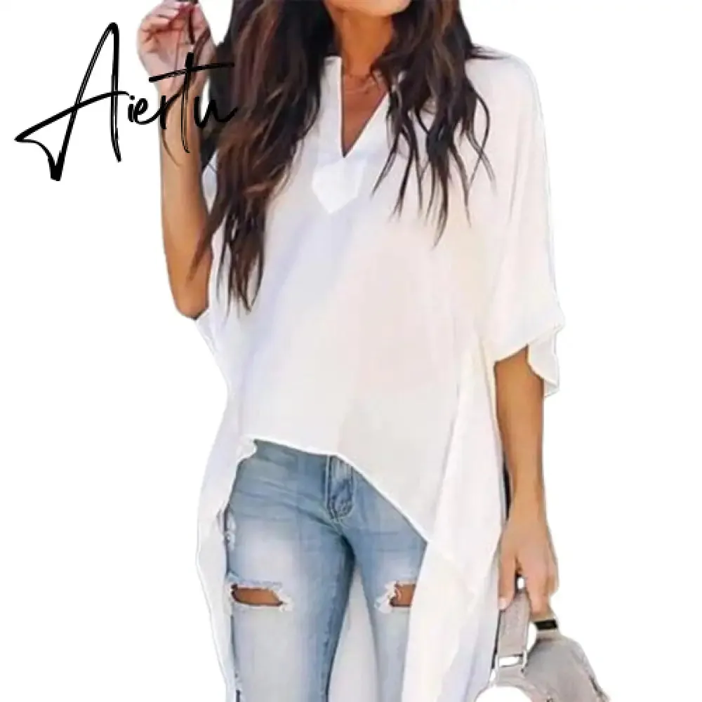 Fashion Casual Women Irregular V-Neck Blouse Half Flare Sleeve Loose Shirt Top