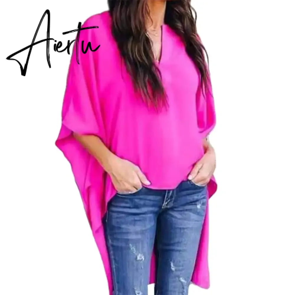 Fashion Casual Women Irregular V-Neck Blouse Half Flare Sleeve Loose Shirt Top