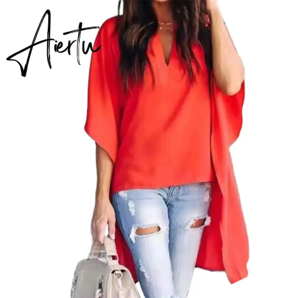 Fashion Casual Women Irregular V-Neck Blouse Half Flare Sleeve Loose Shirt Top