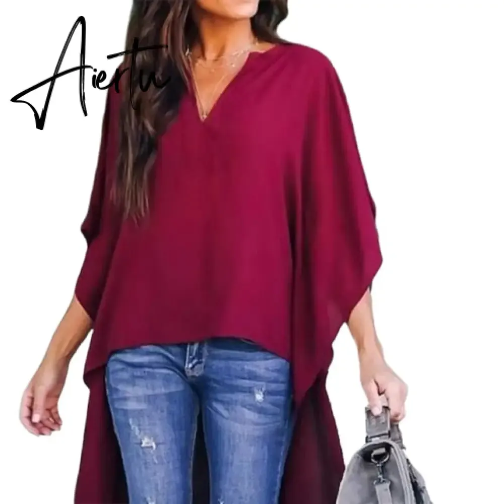 Fashion Casual Women Irregular V-Neck Blouse Half Flare Sleeve Loose Shirt Top