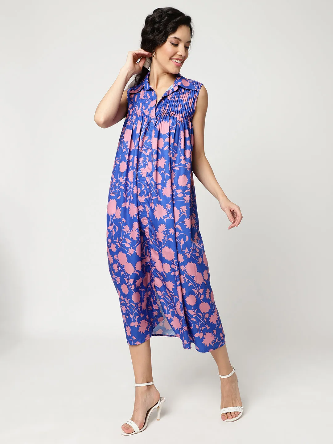 Floral Digital Printed Sleeveless Dress With Gathered Loose Fit