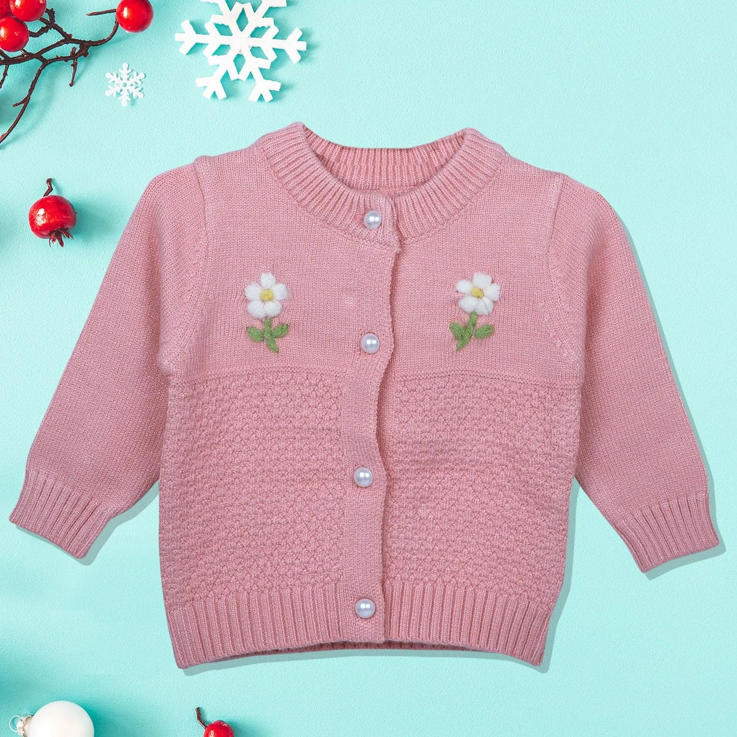 Floral Embroidery Premium Full Sleeves Knitted Sweater - Pink