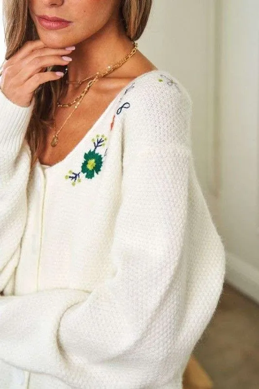 Flower Embroidered Button Up Long Sleeve Cardigan