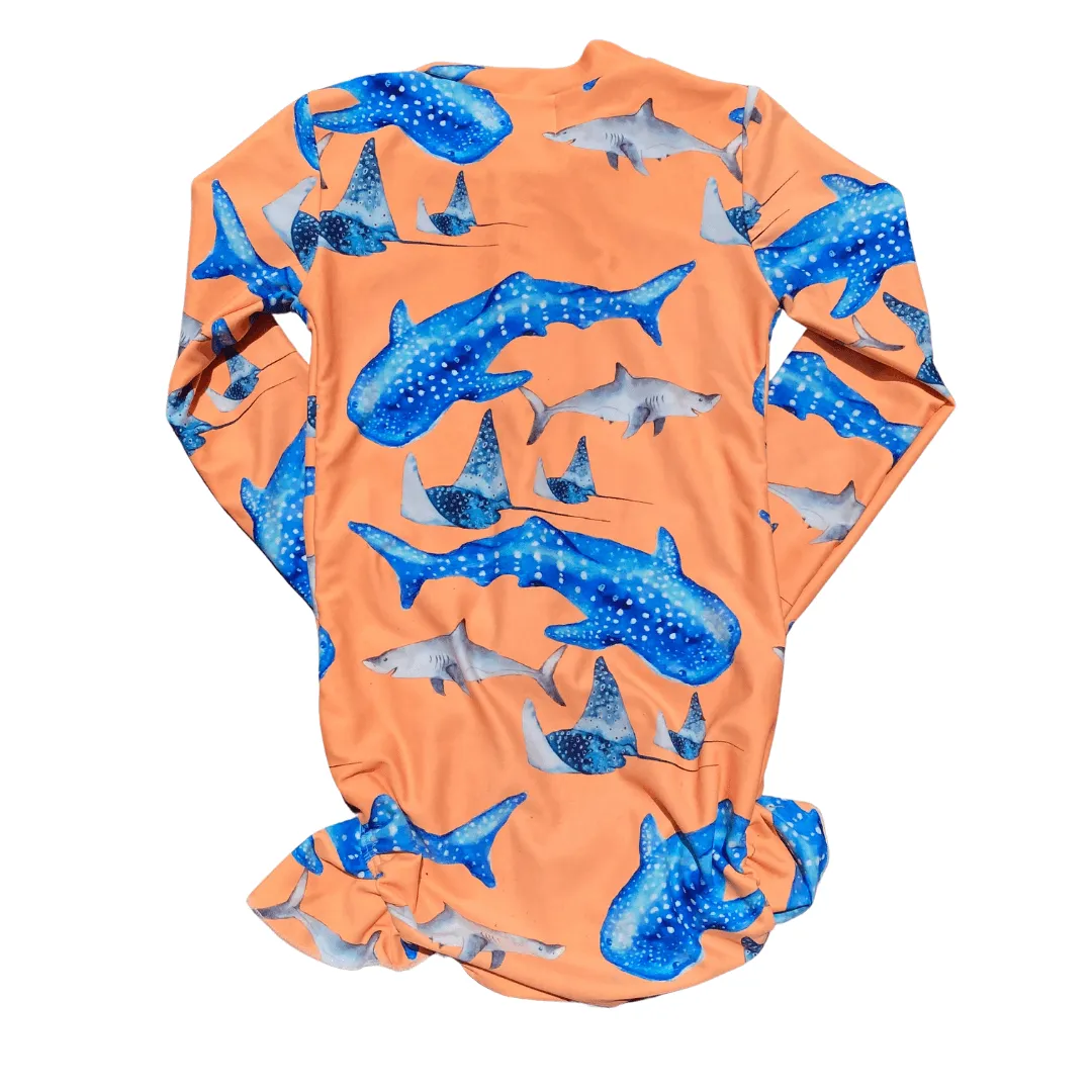 Fluro Orange Sharks Girls Long Sleeve Zip Swimmers