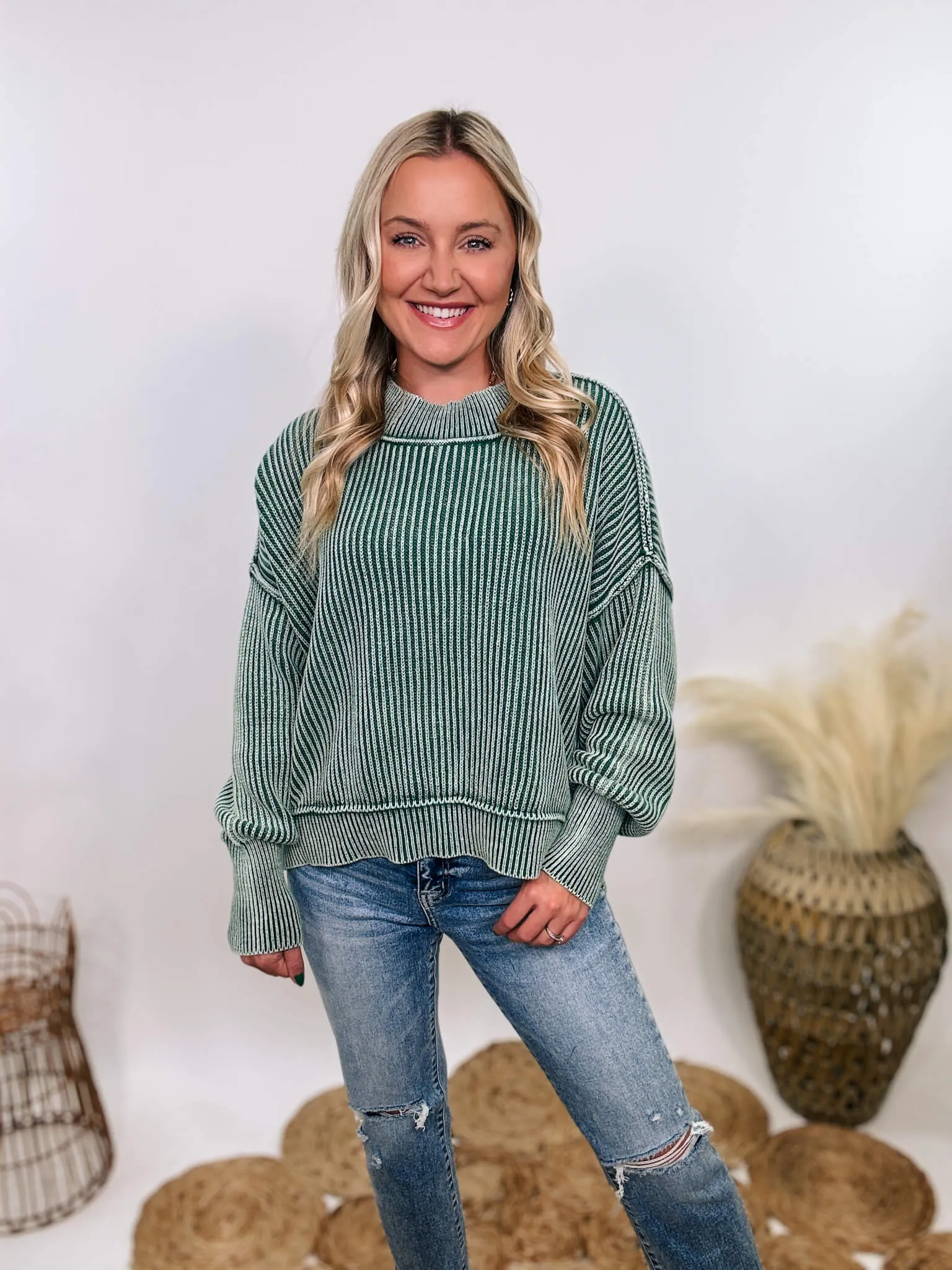 Forest Green Acid Washed Ribbed Side Slit Sweater