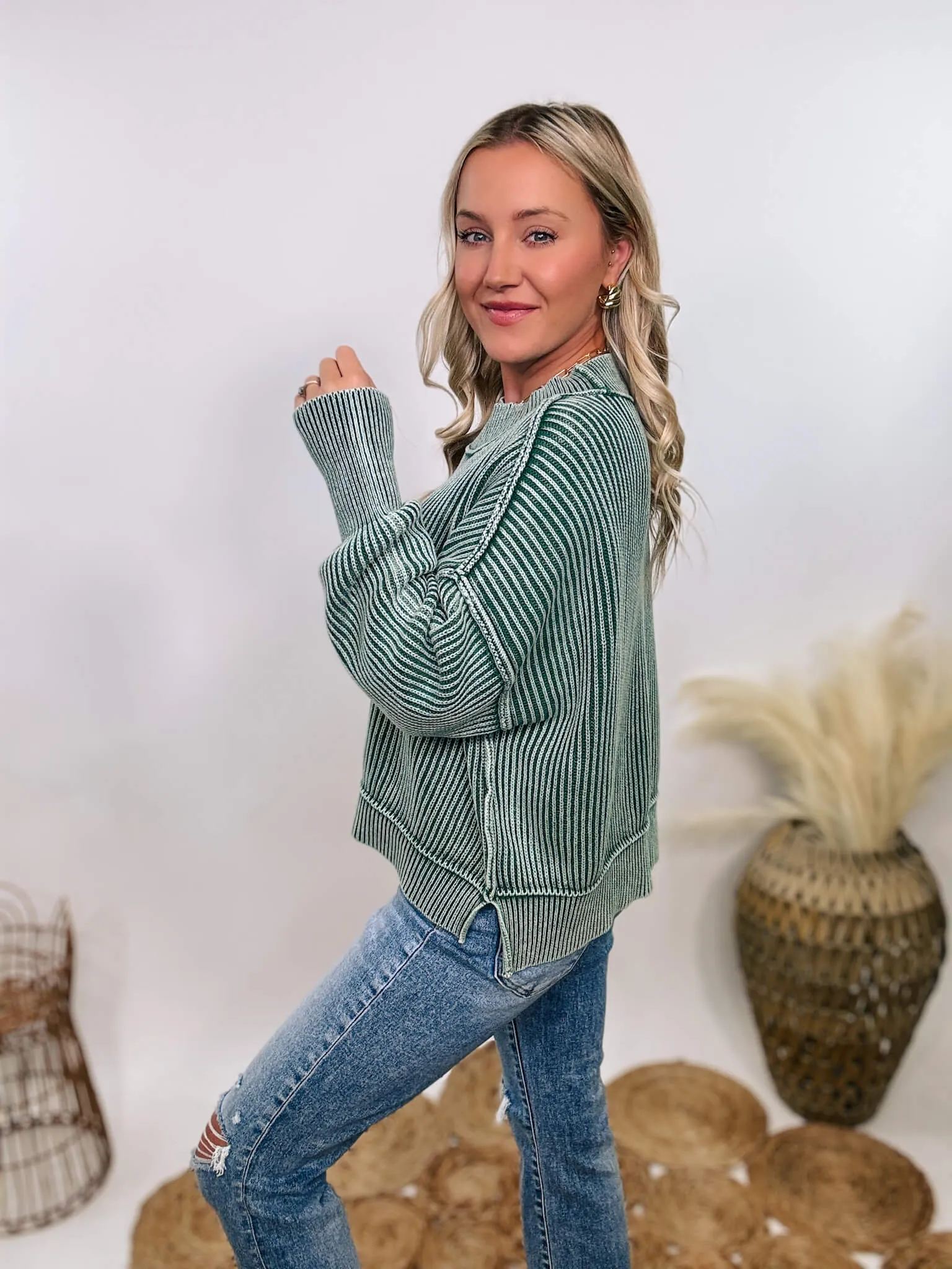 Forest Green Acid Washed Ribbed Side Slit Sweater