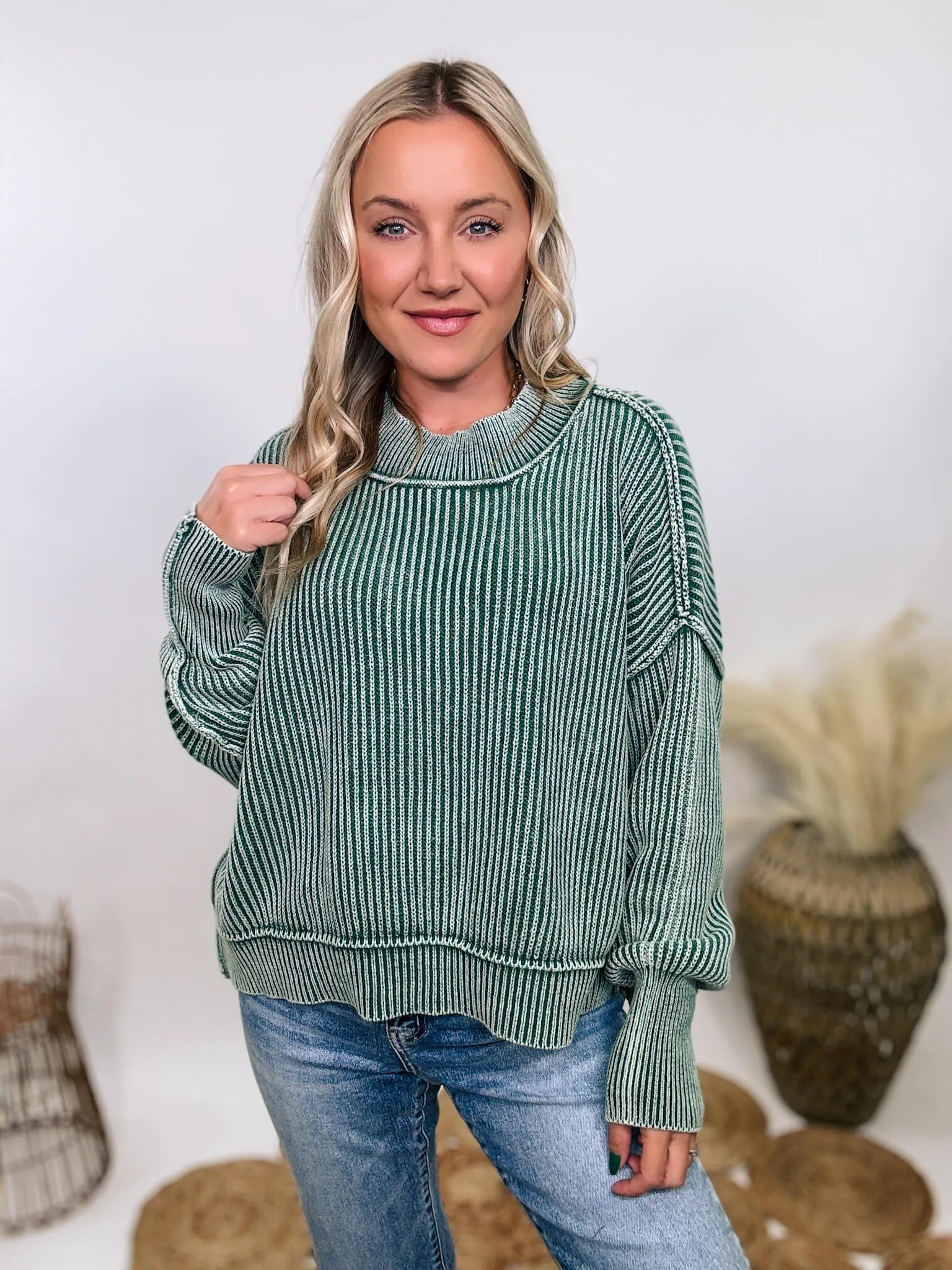 Forest Green Acid Washed Ribbed Side Slit Sweater