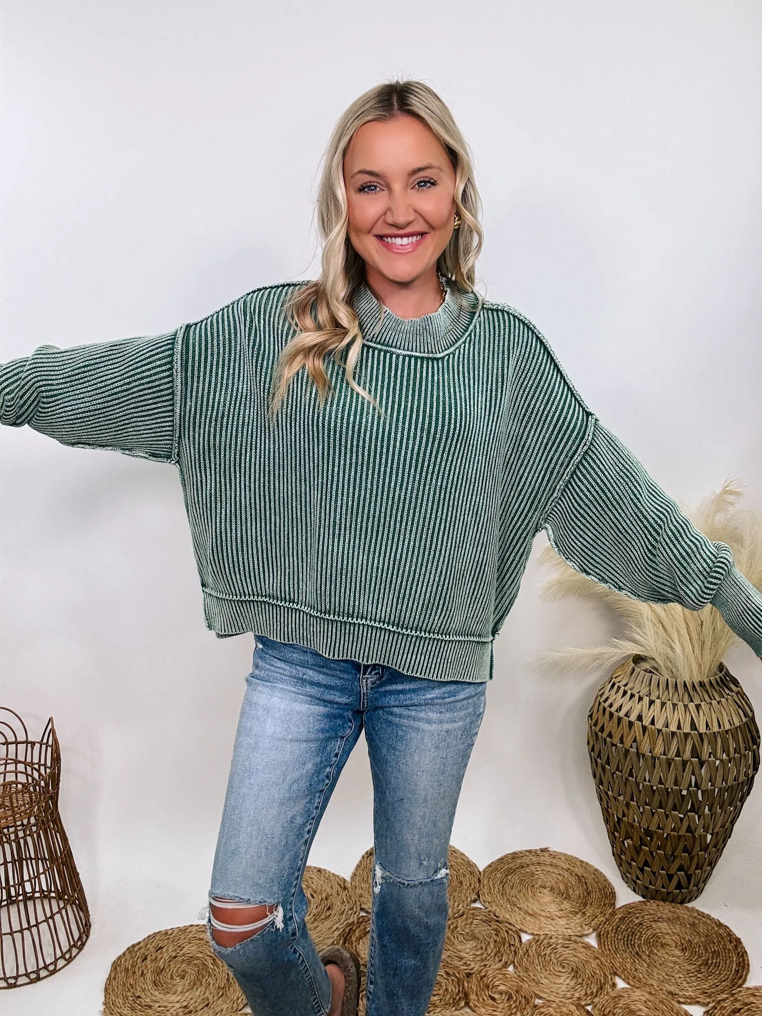 Forest Green Acid Washed Ribbed Side Slit Sweater