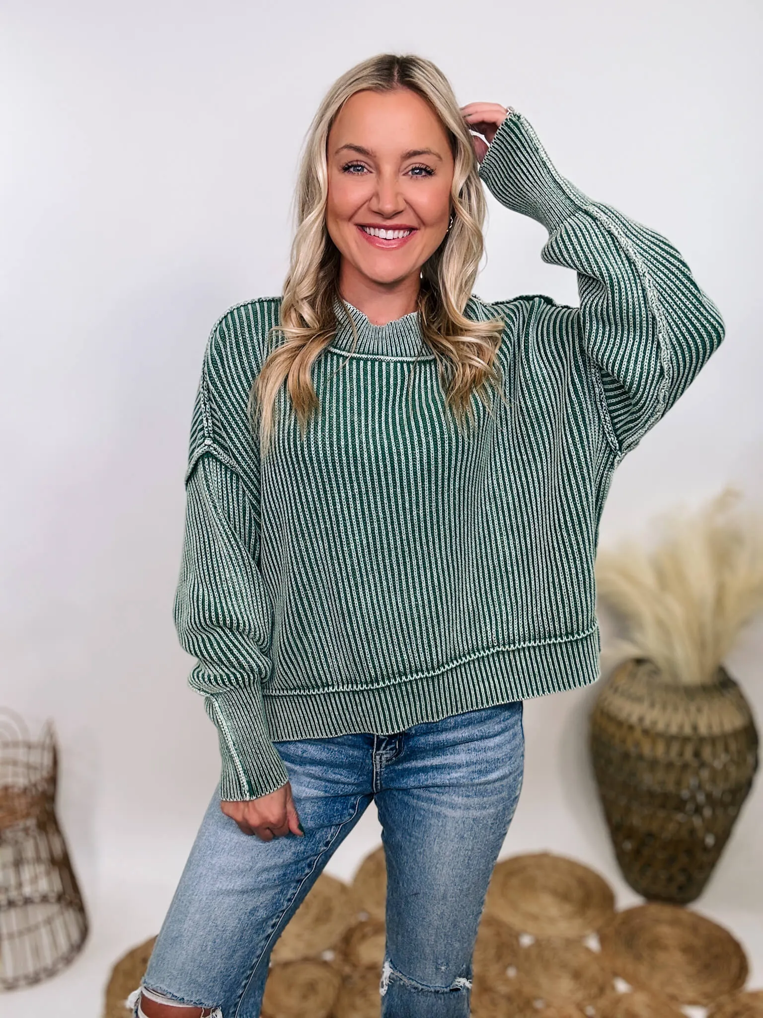 Forest Green Acid Washed Ribbed Side Slit Sweater