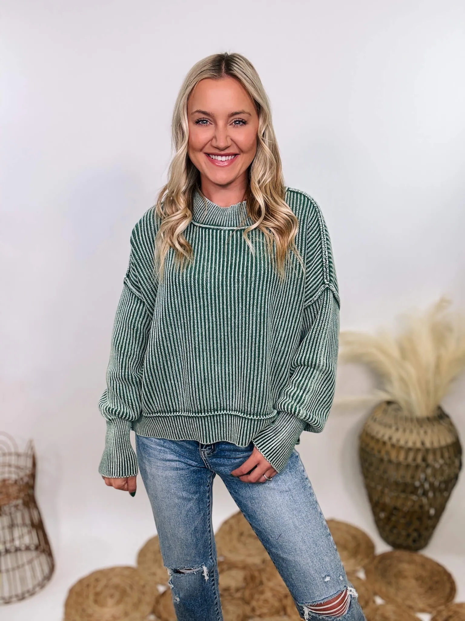 Forest Green Acid Washed Ribbed Side Slit Sweater