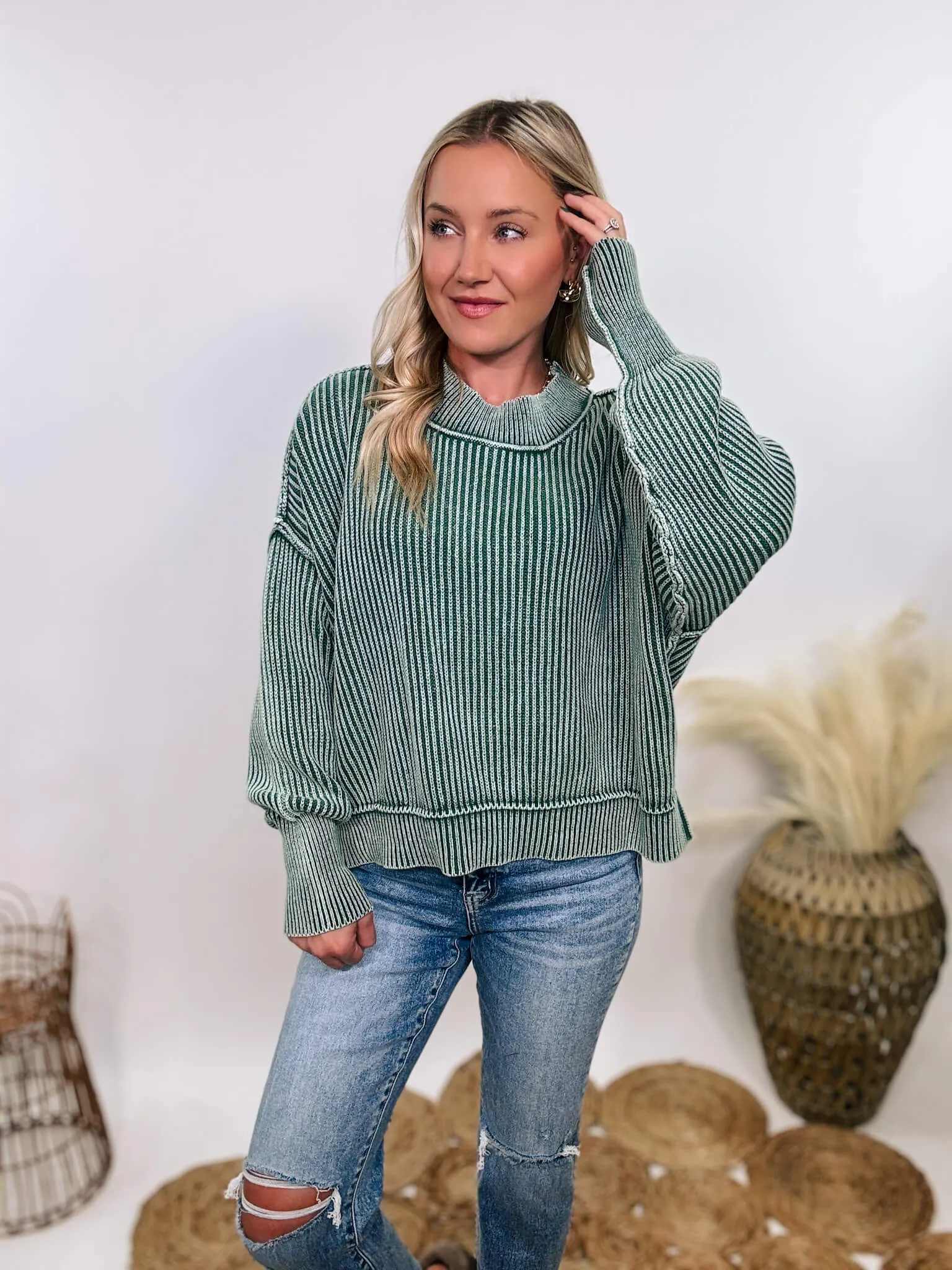 Forest Green Acid Washed Ribbed Side Slit Sweater