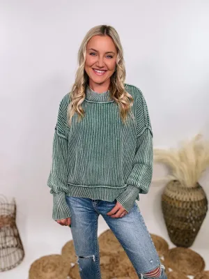 Forest Green Acid Washed Ribbed Side Slit Sweater