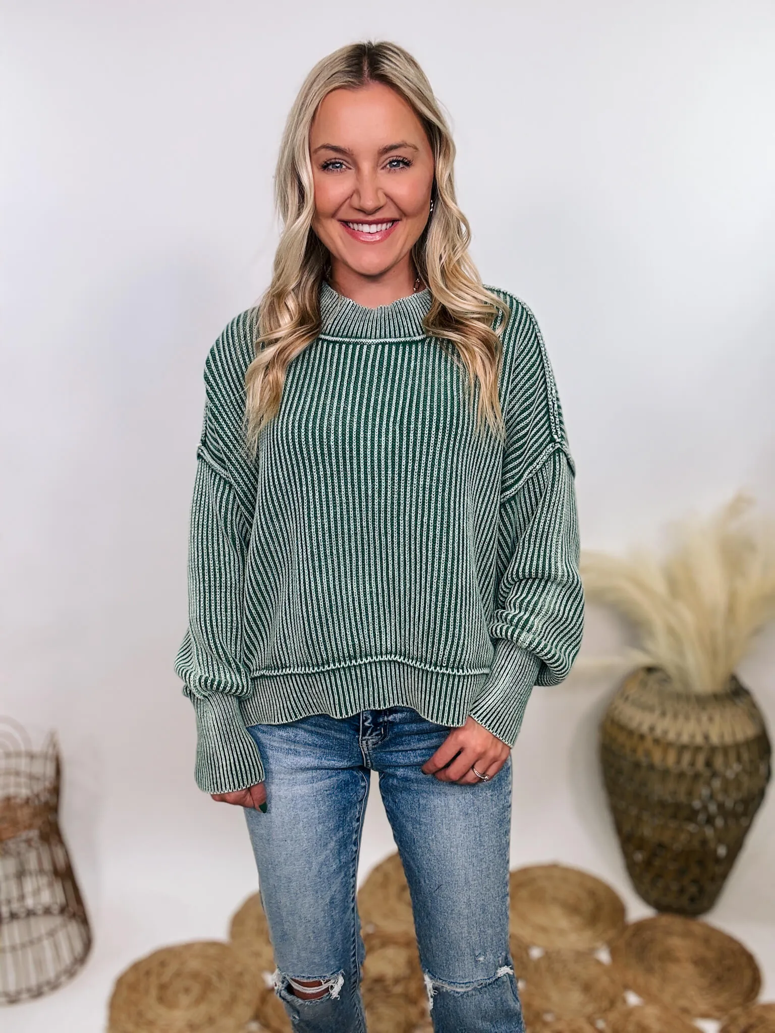 Forest Green Acid Washed Ribbed Side Slit Sweater