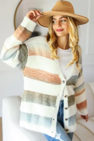 Full Size Button Down Stripe Soft Fuzzy Sweater Cardigan