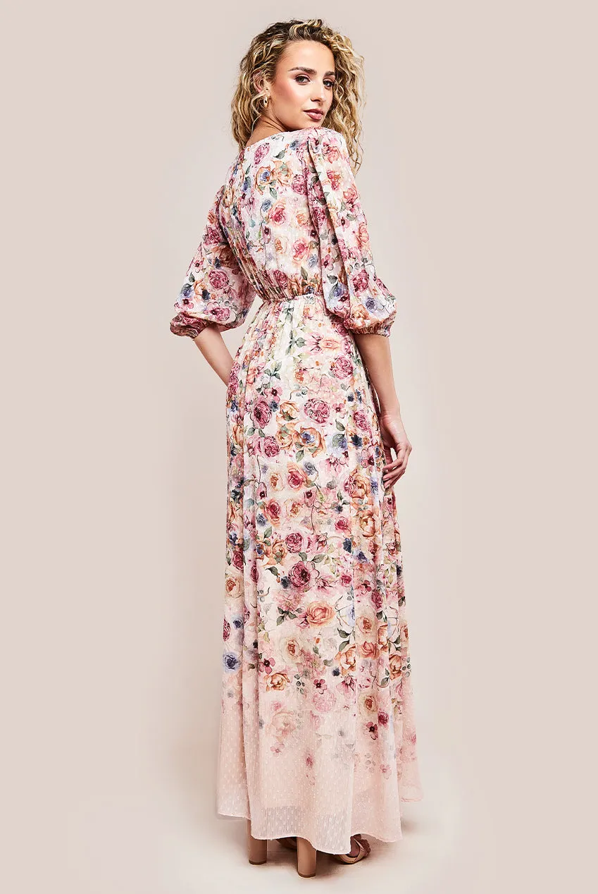 Goddiva Ombre Floral Printed Wrap Maxi Dress - Ivory