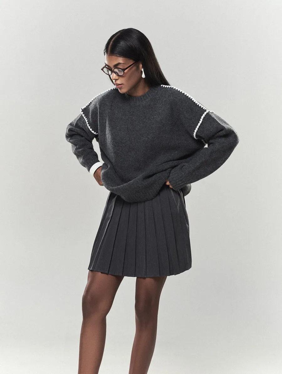 Grey Contrast Seam Knit Sweter