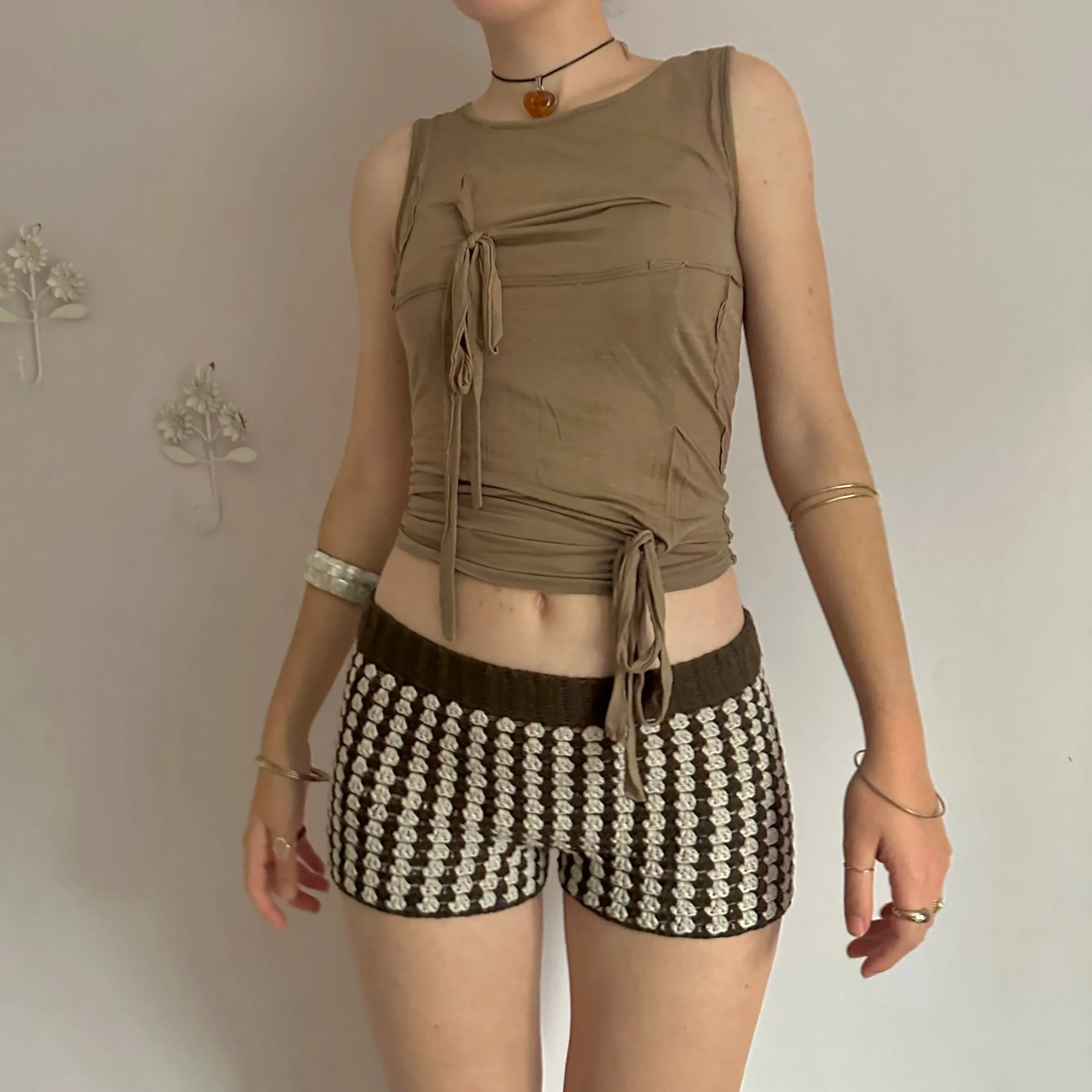 Handmade gingham crochet shorts in brown and beige