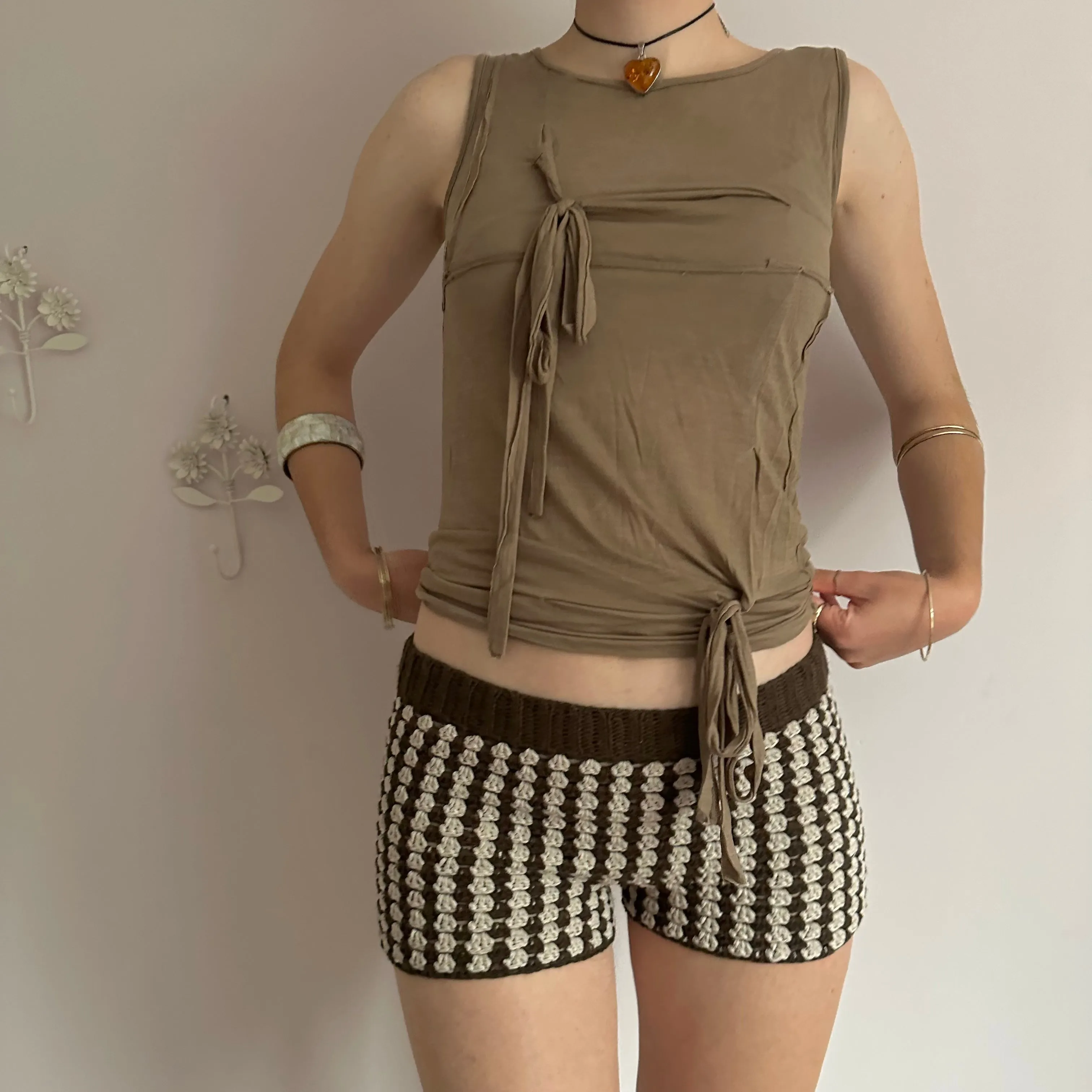 Handmade gingham crochet shorts in brown and beige