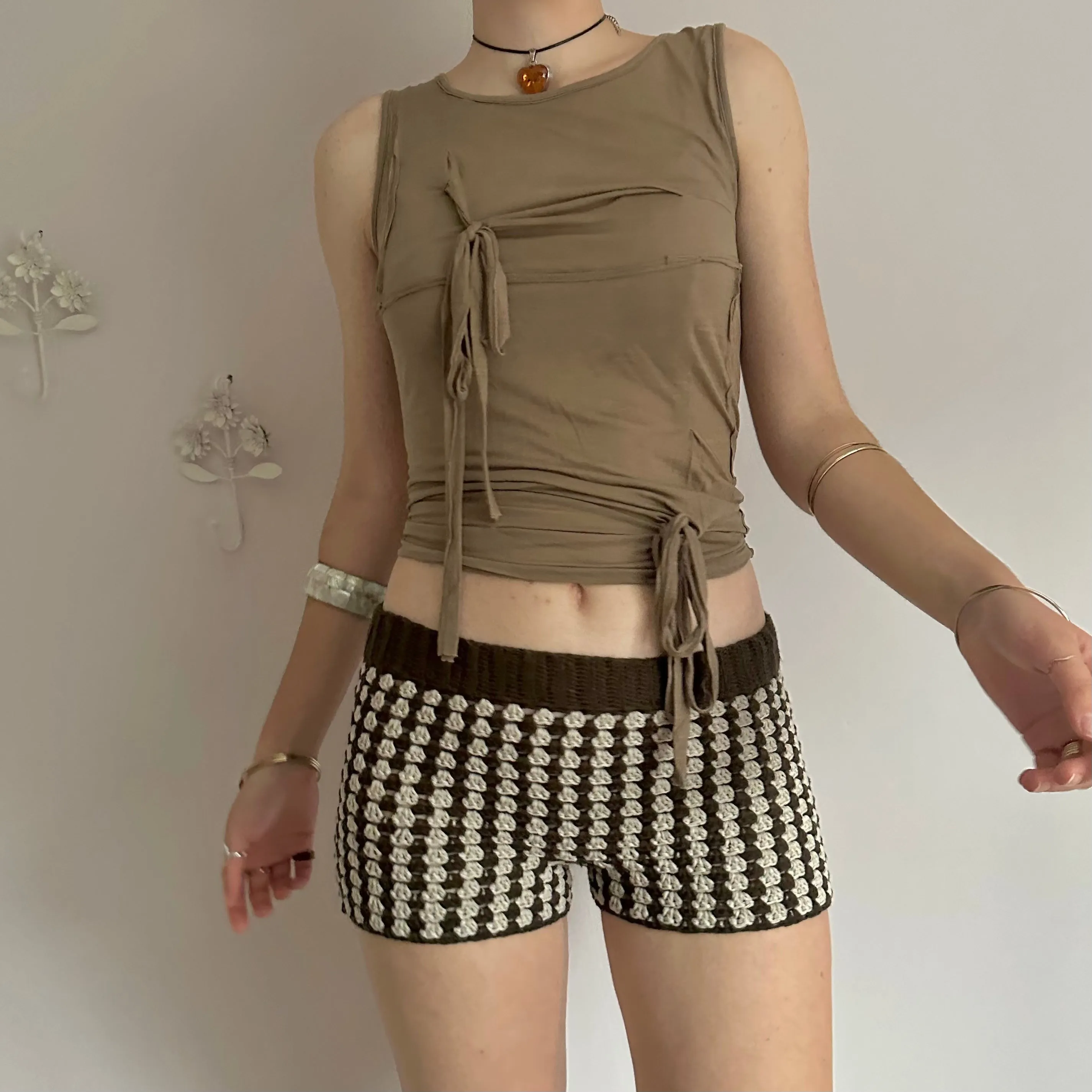 Handmade gingham crochet shorts in brown and beige